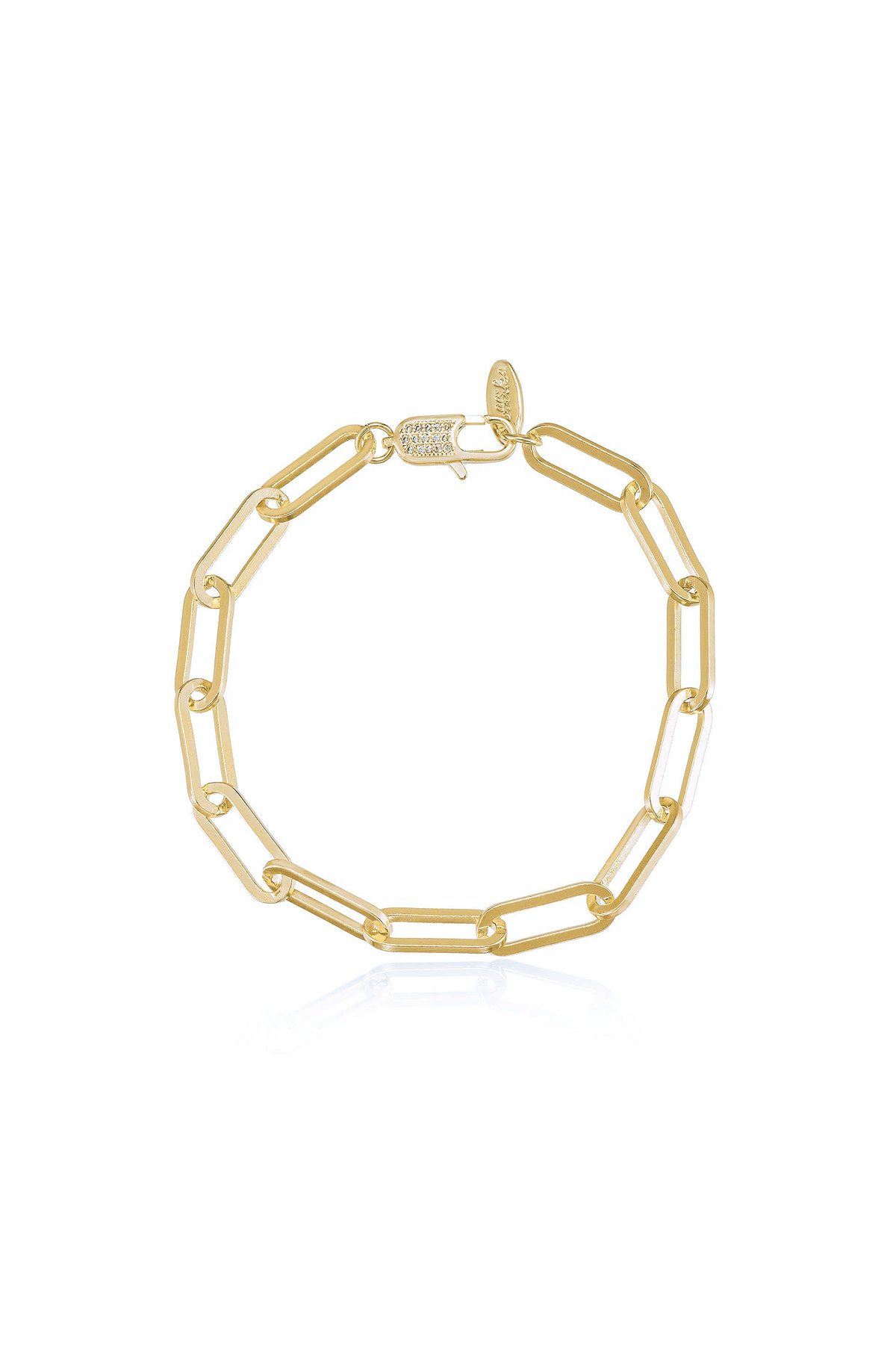 A gold chain bracelet consisting of interlinked, elongated segments is displayed. The bracelet’s shiny surface reflects light, emphasizing its stylish design, with a clasp visible at one end.