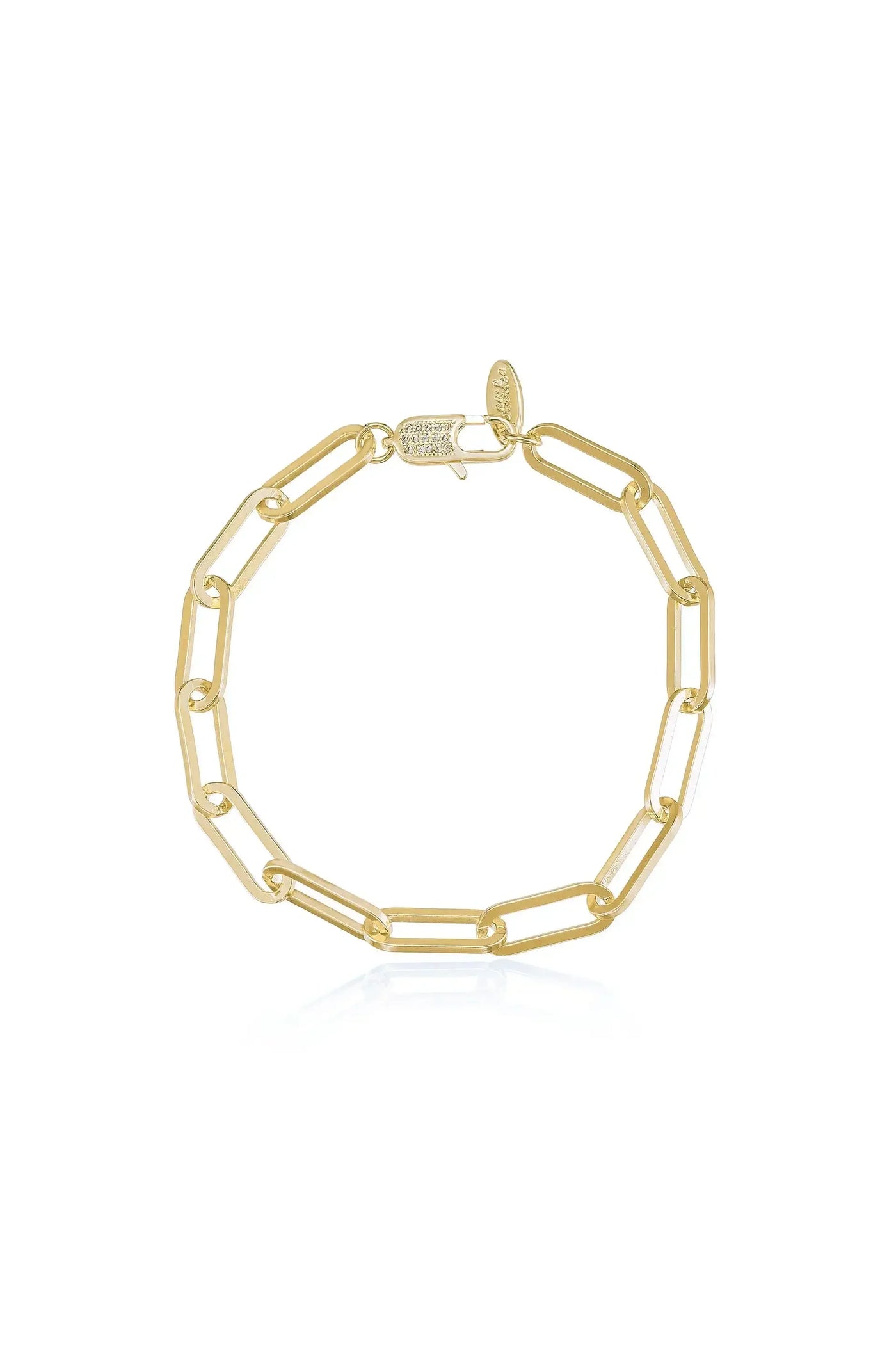 A gold chain bracelet consisting of interlinked, elongated segments is displayed. The bracelet’s shiny surface reflects light, emphasizing its stylish design, with a clasp visible at one end.