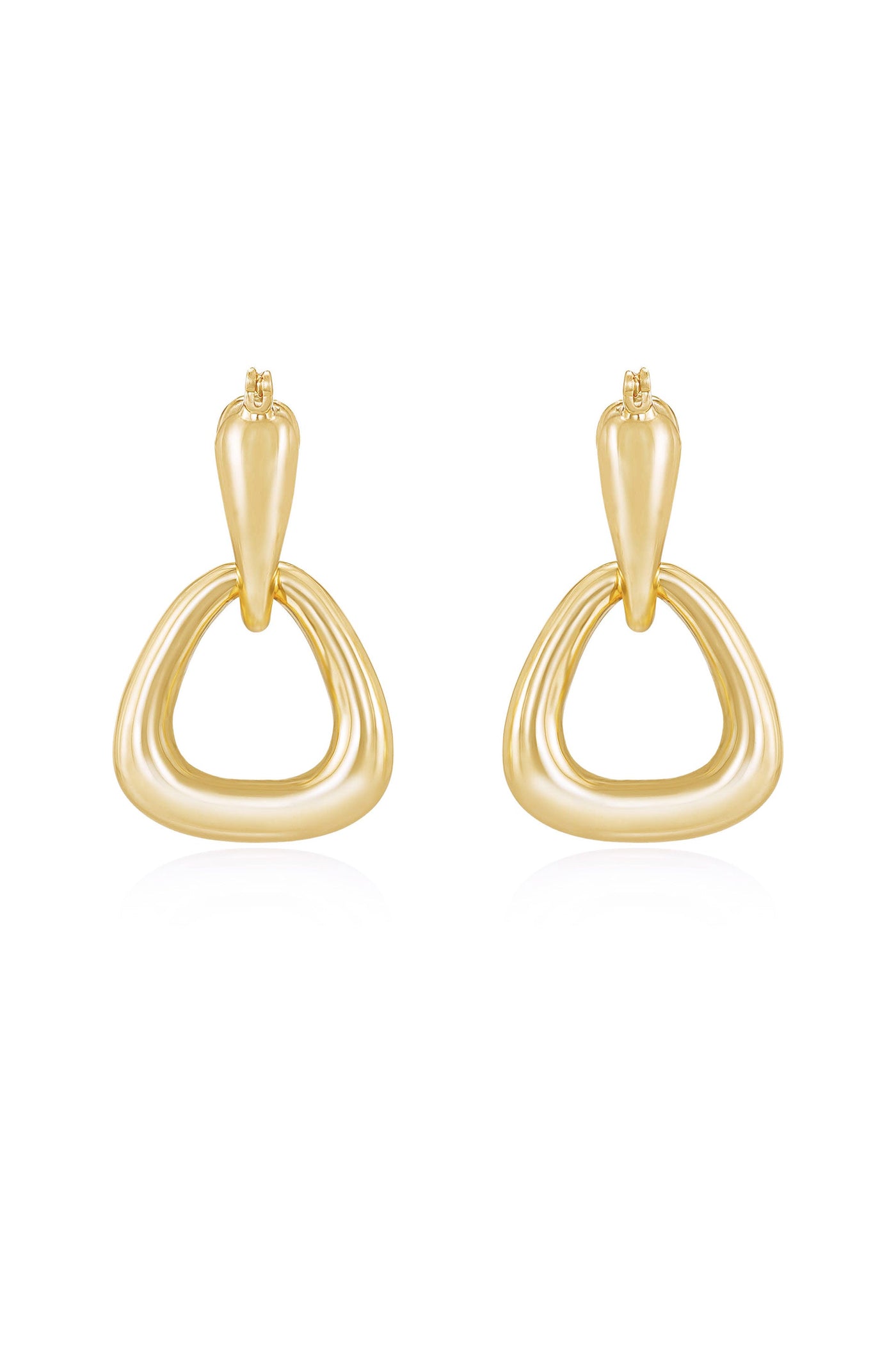 Golden earrings are displayed, featuring a teardrop shape at the top and a flowing triangular design below. They are set against a white background, highlighting their shine and elegance.