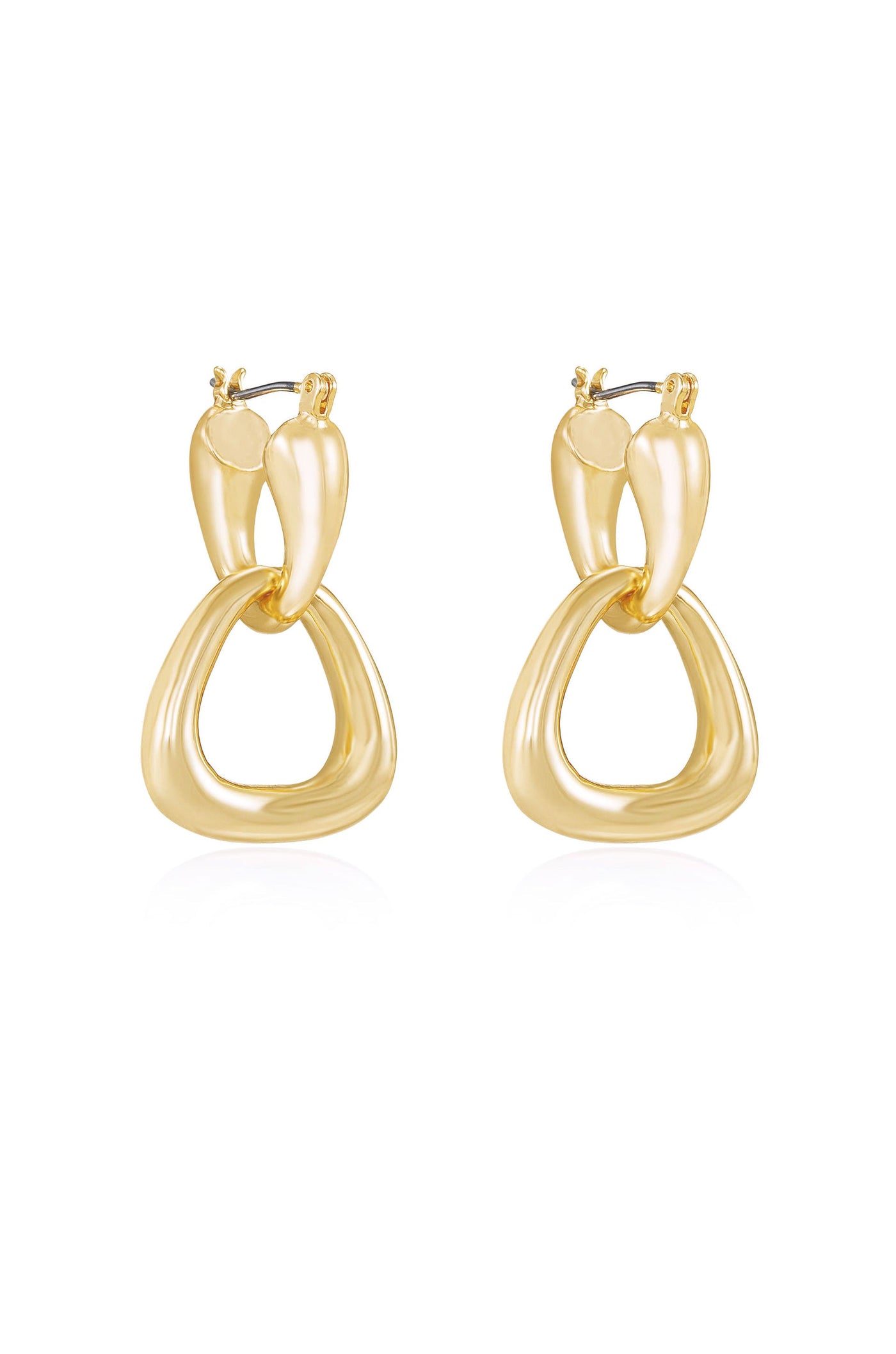 A pair of elegant gold earrings showcases a unique design, featuring interlocking shapes. They hang gracefully, reflecting light in a simple, clean setting.