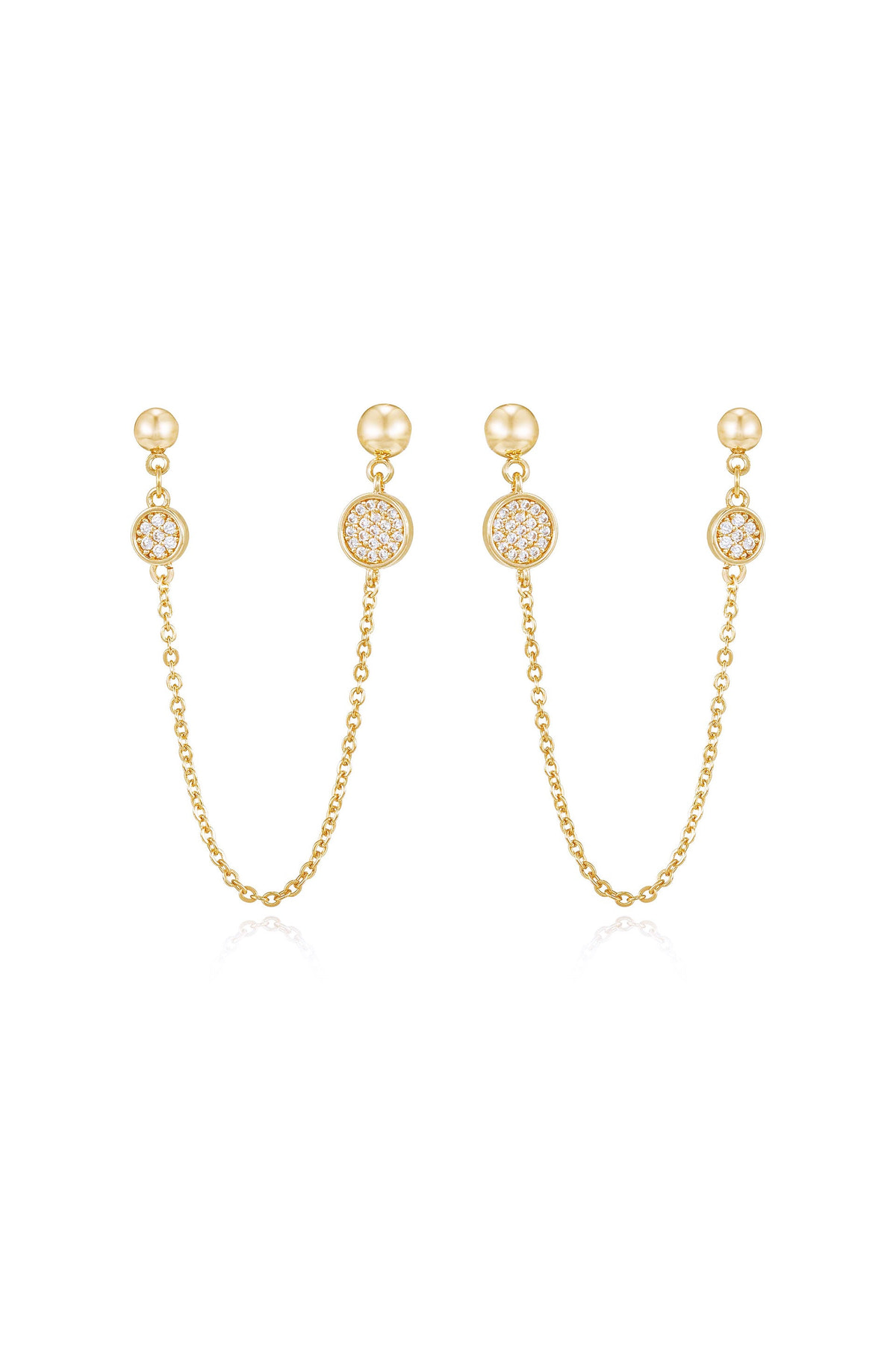 Gold earrings featuring two pendants connected by delicate chains. Each pendant has a central round design embellished with sparkling stones, reflecting light against a plain white background.