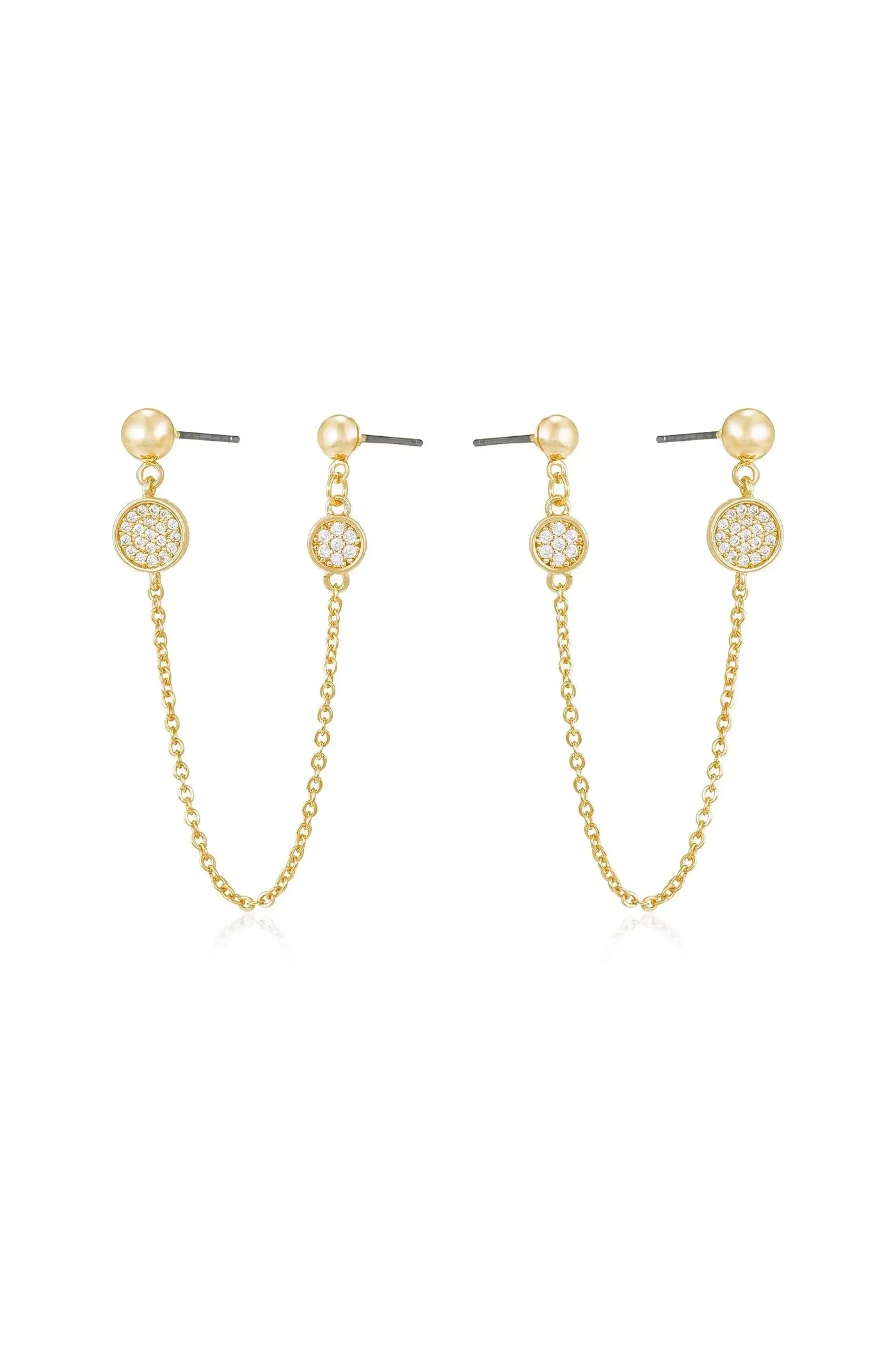Two pairs of gold dangle earrings rest side by side. Each features a circular component with sparkling details, connected by a delicate chain to a spherical top, showcasing elegance against a simple background.