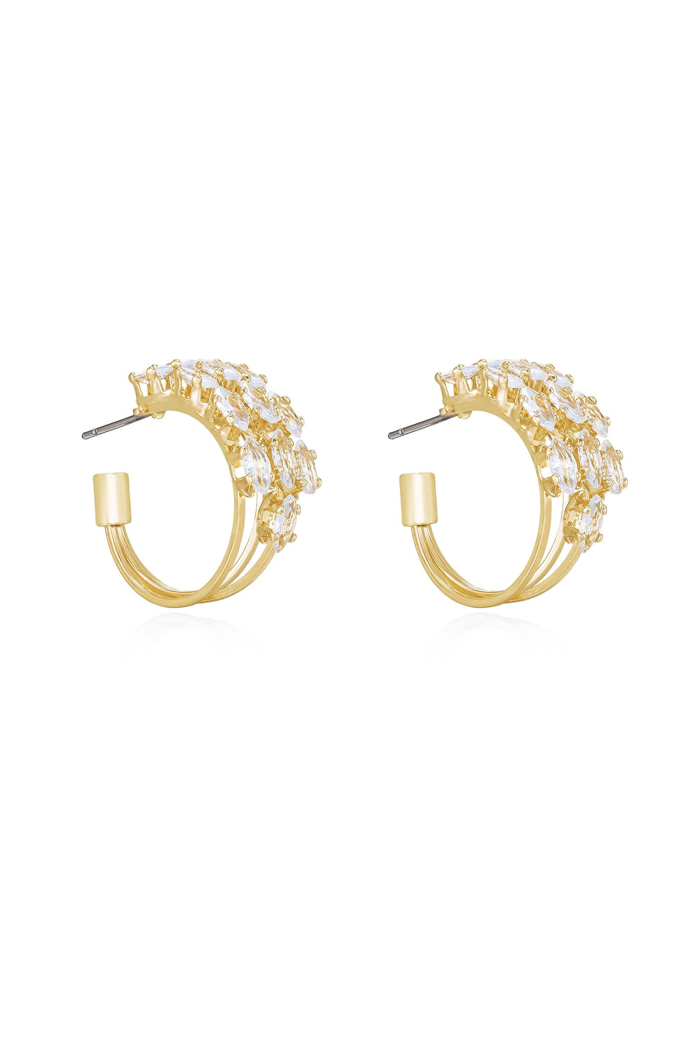 Gold hoop earrings are displayed, featuring a shiny, curved design adorned with clear gemstones at the top, designed to enhance elegance and style for wearers in various settings.
