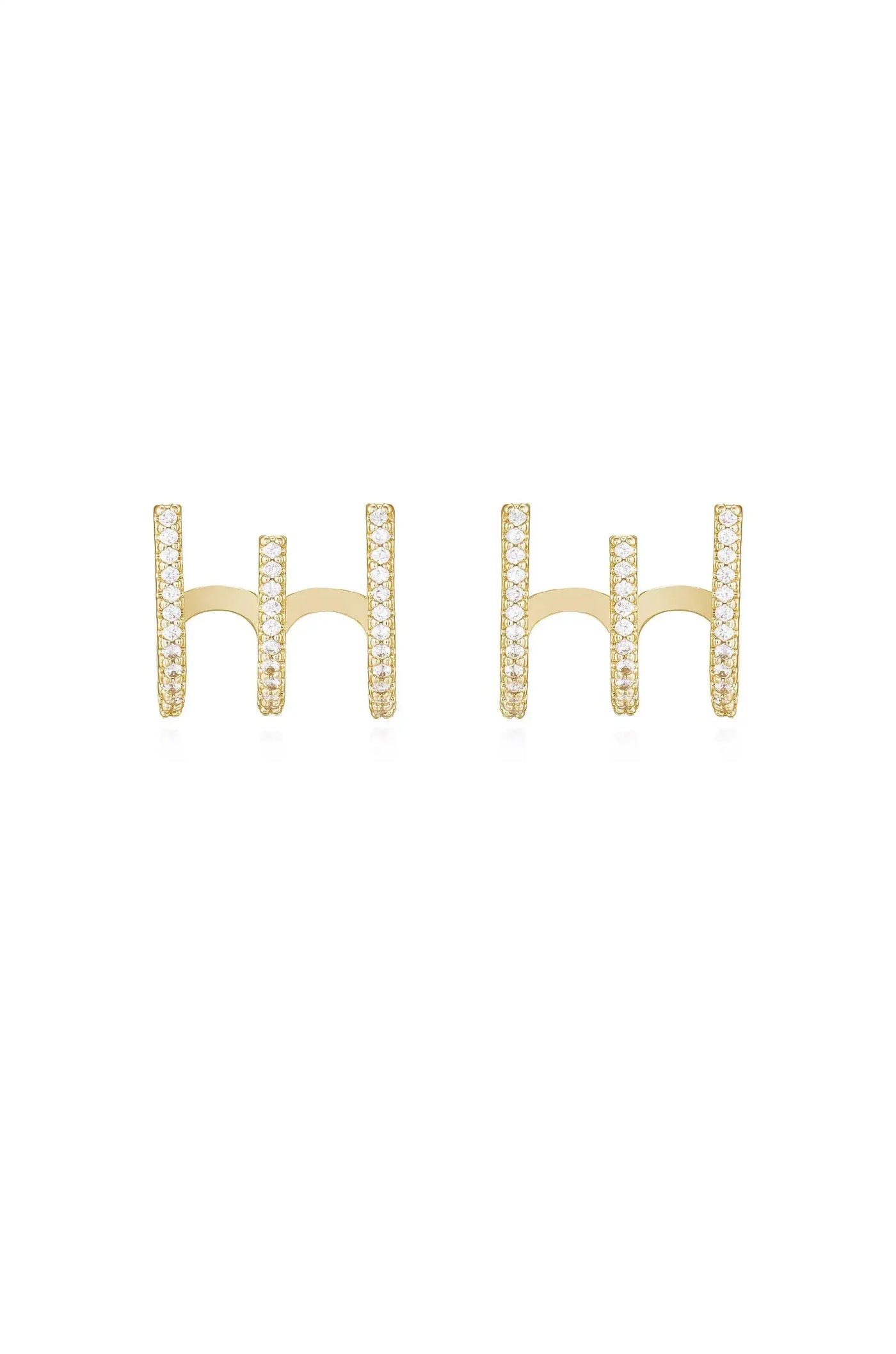 Gold earrings featuring vertical bars encrusted with clear rhinestones. The earrings are presented on a plain white background, emphasizing their sparkle and modern design.