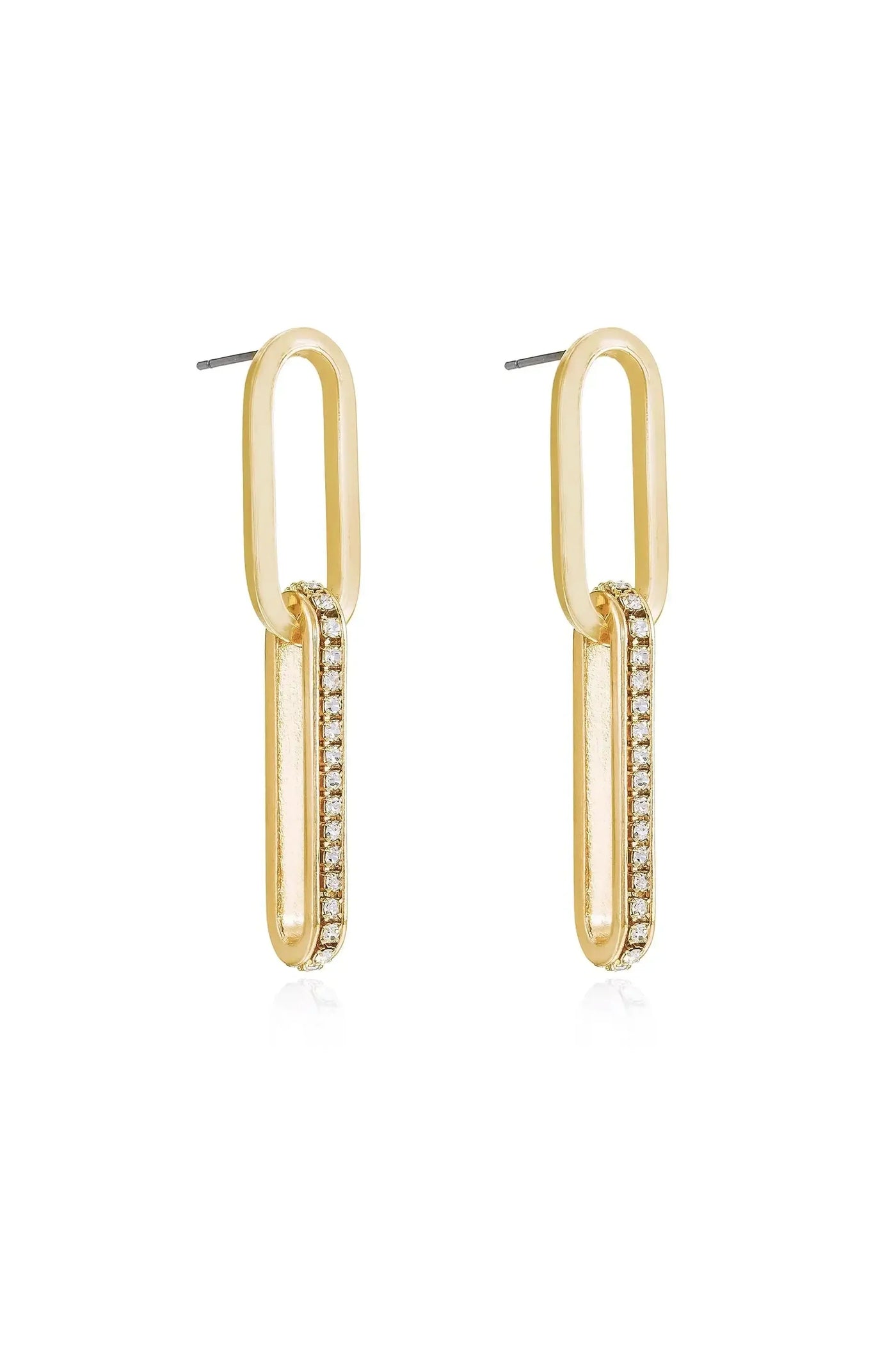 Two gold earrings, designed in a chain-link style, feature a vertical loop and a smaller linked piece adorned with small, sparkling gems, set against a plain background.