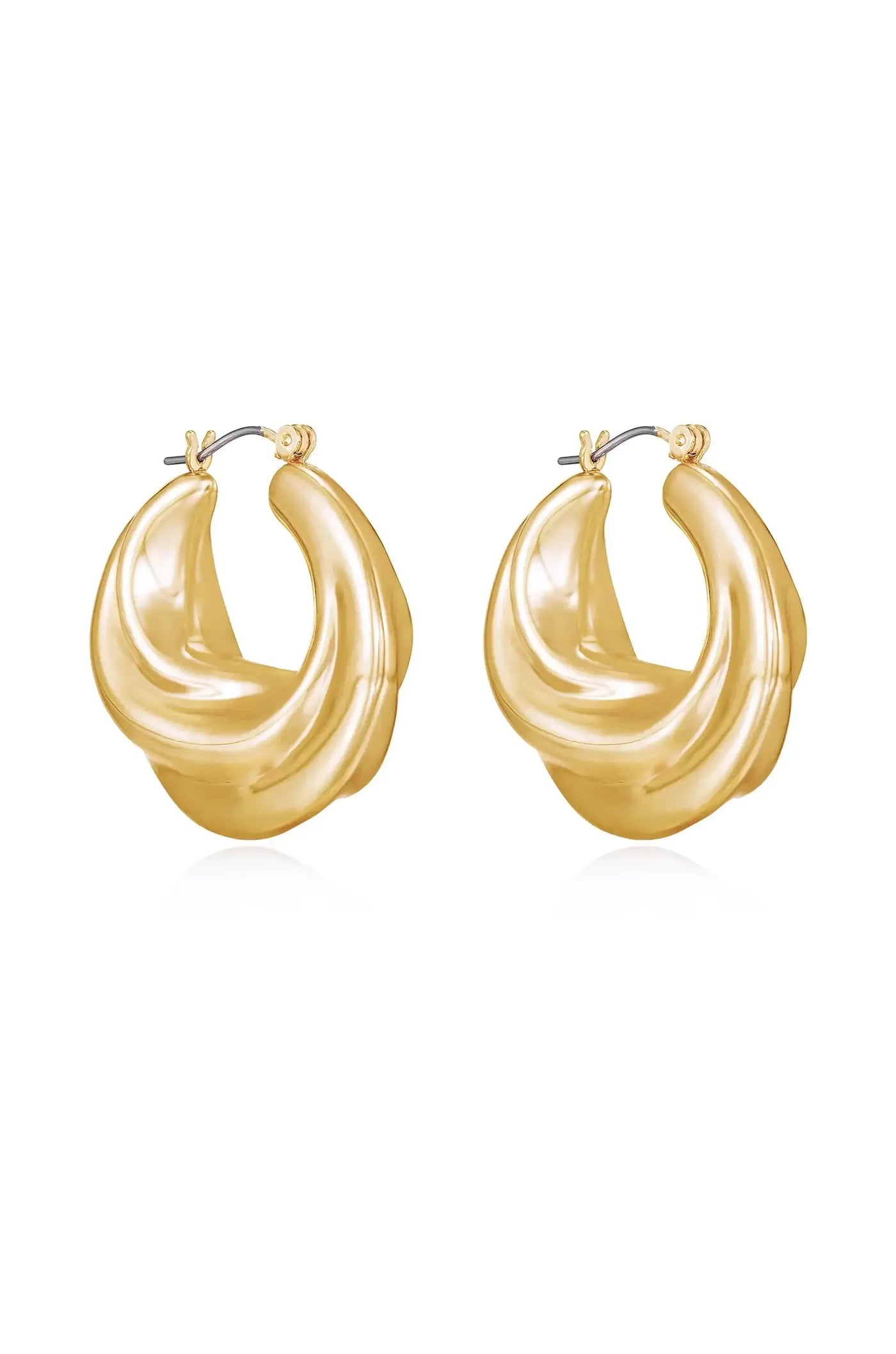 Gold hoop earrings are displayed prominently. They feature a smooth, swirling design and are fastened with a small hinge. The background is plain white, highlighting the earrings' shine and detail.