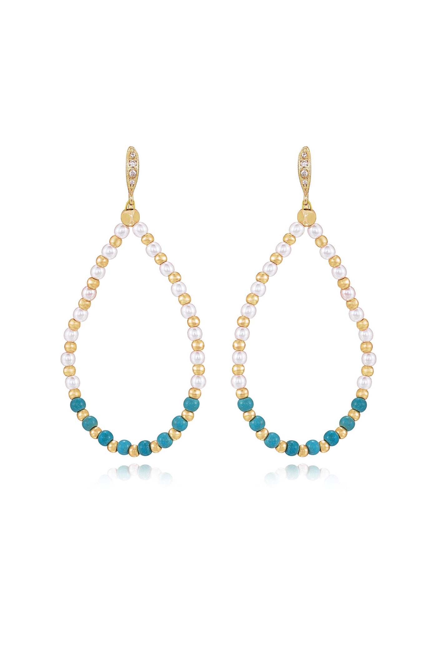 Two elegant drop earrings feature a design of alternating gold, white pearl, and turquoise beads. They hang gracefully, reflecting light against a simple white background.