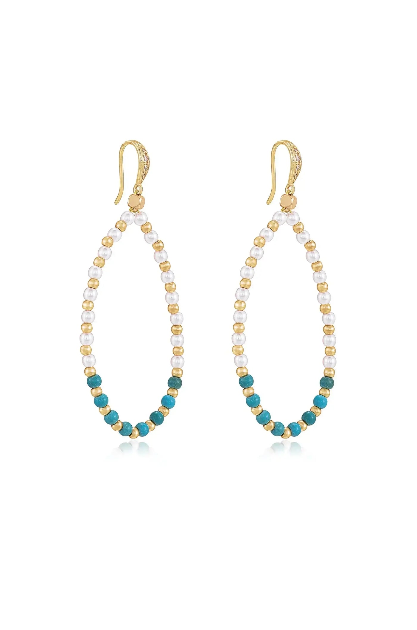 Teardrop-shaped earrings made of alternating white pearls and gold beads, featuring turquoise accents. They hang from gold hooks, reflecting light against a plain white background.
