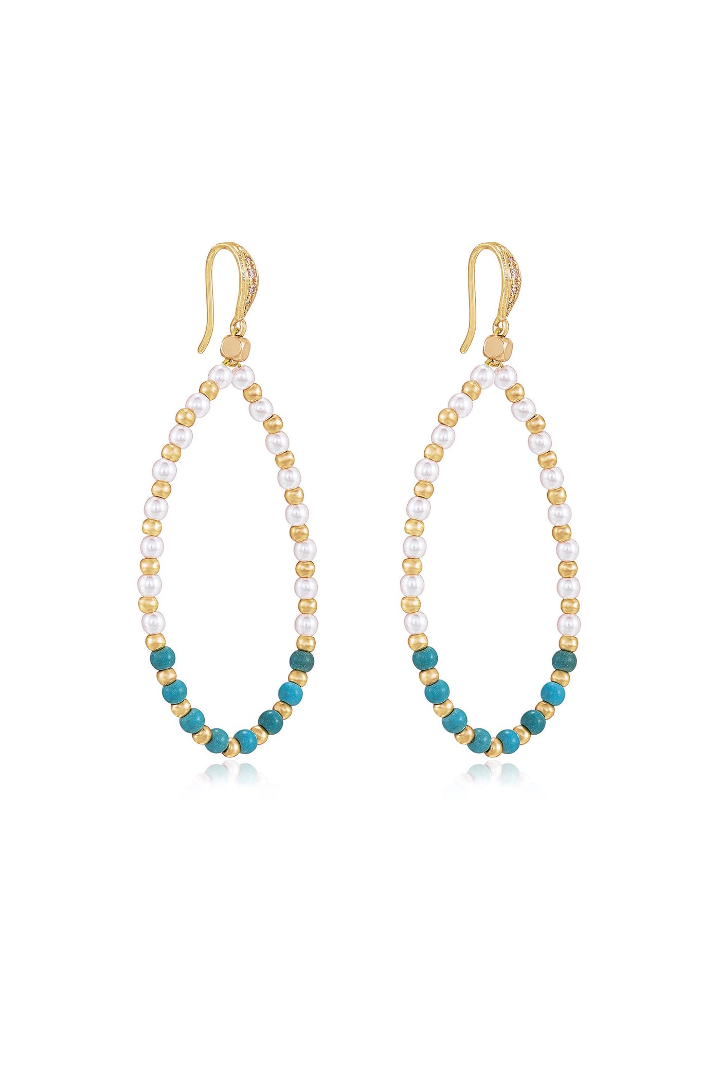 Teardrop-shaped earrings made of alternating white pearls and gold beads, featuring turquoise accents. They hang from gold hooks, reflecting light against a plain white background.