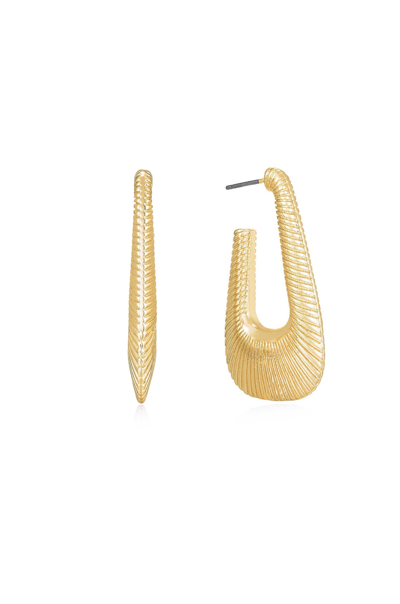 Gold hoop earrings are displayed, featuring a textured, ribbed design. One earring is elongated and slender, while the other is broader and more rounded, showcasing elegance in jewelry design.