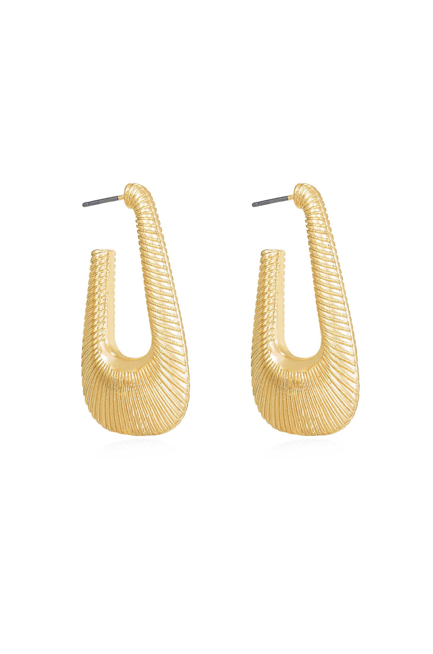 Gold earrings with a unique twisted shape and textured surface are displayed upright. They feature a pin for fastening, emphasizing their stylish design ideal for accessorizing.