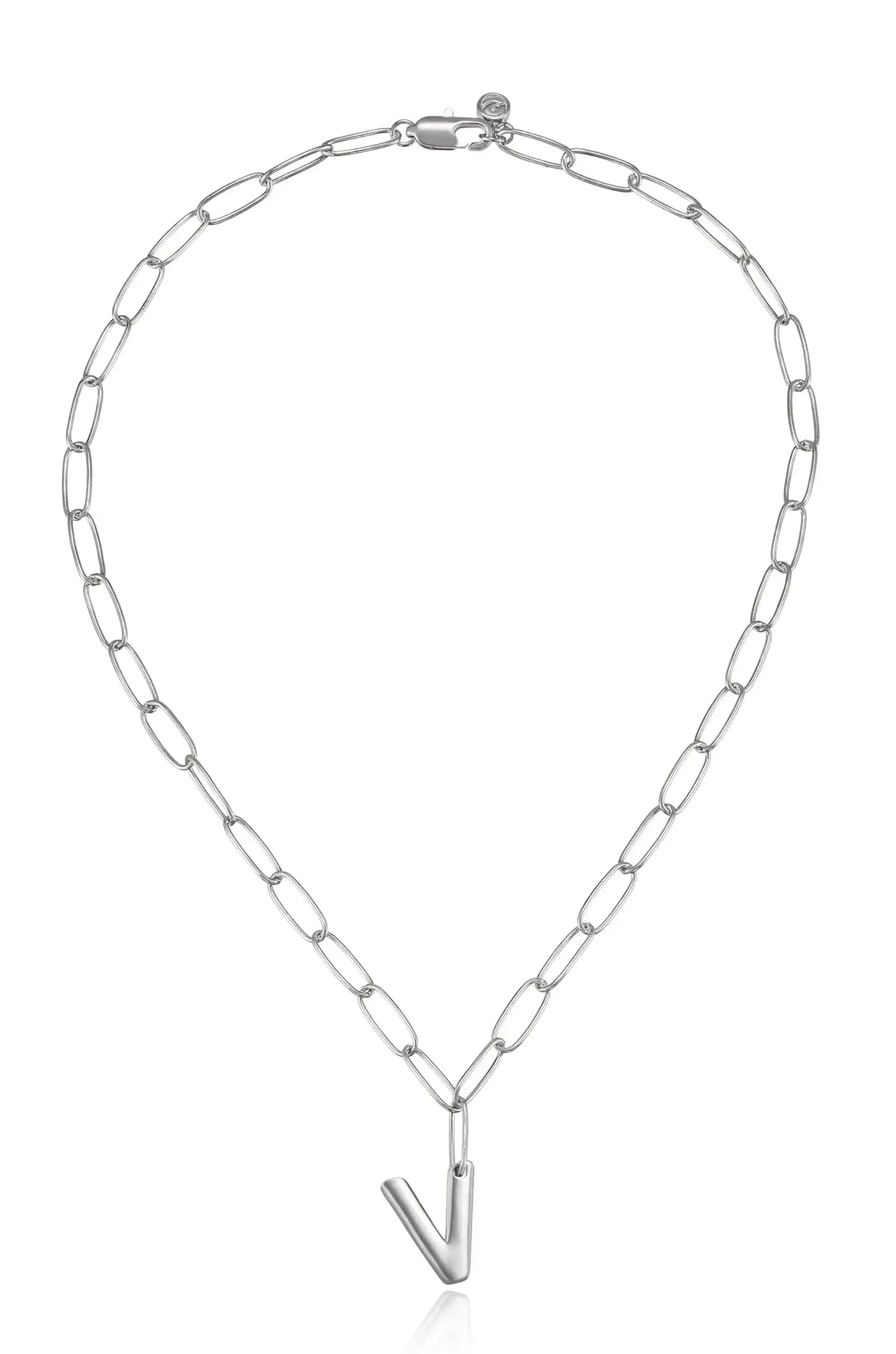 A silver chain necklace with elongated oval links features a prominent letter "V" pendant hanging at the center, creating a stylish accessory suitable for various outfits.