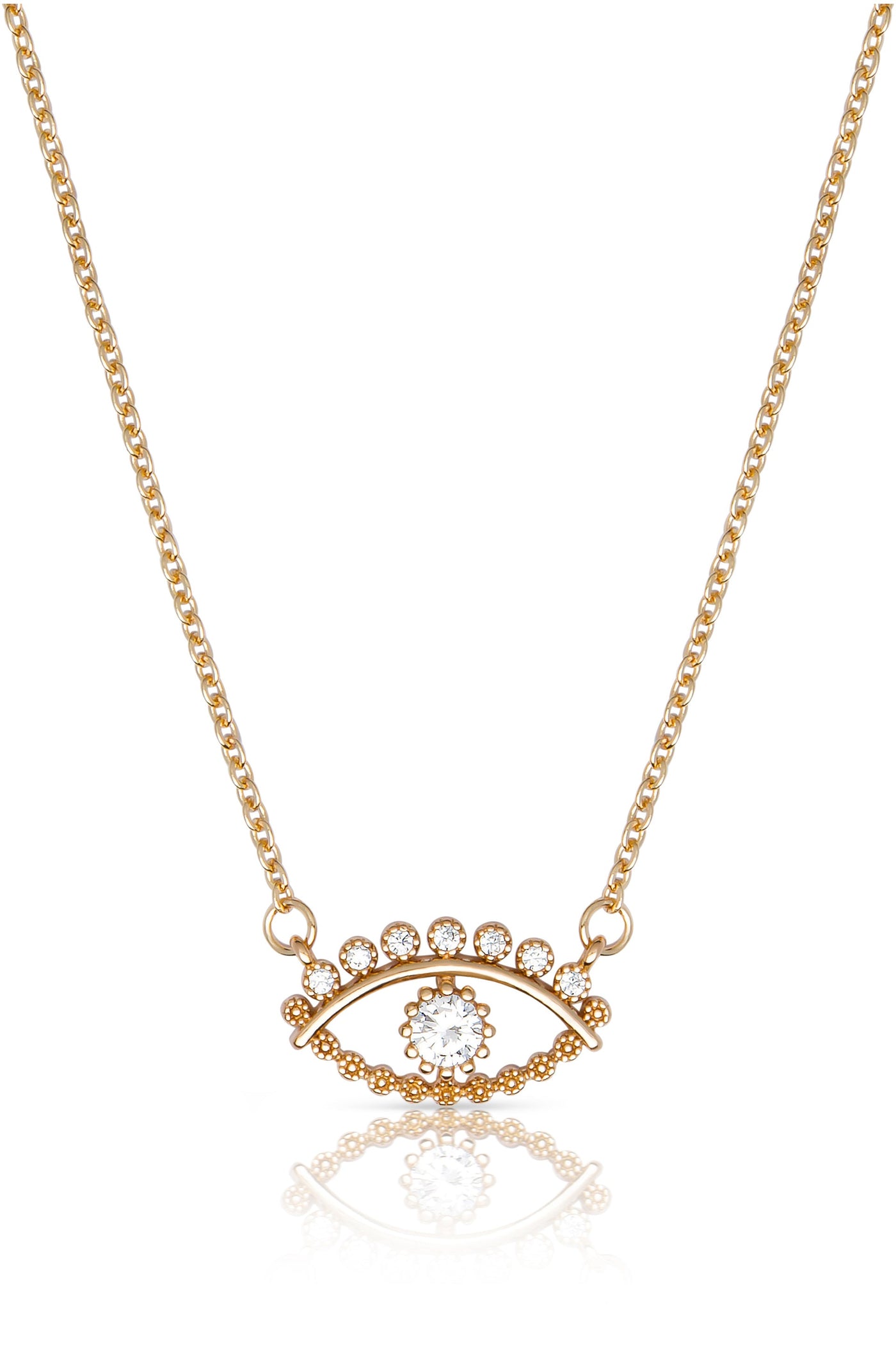 A golden necklace features an eye-shaped pendant adorned with sparkling stones, reflecting light beneath it. The design conveys elegance, suitable for various occasions.