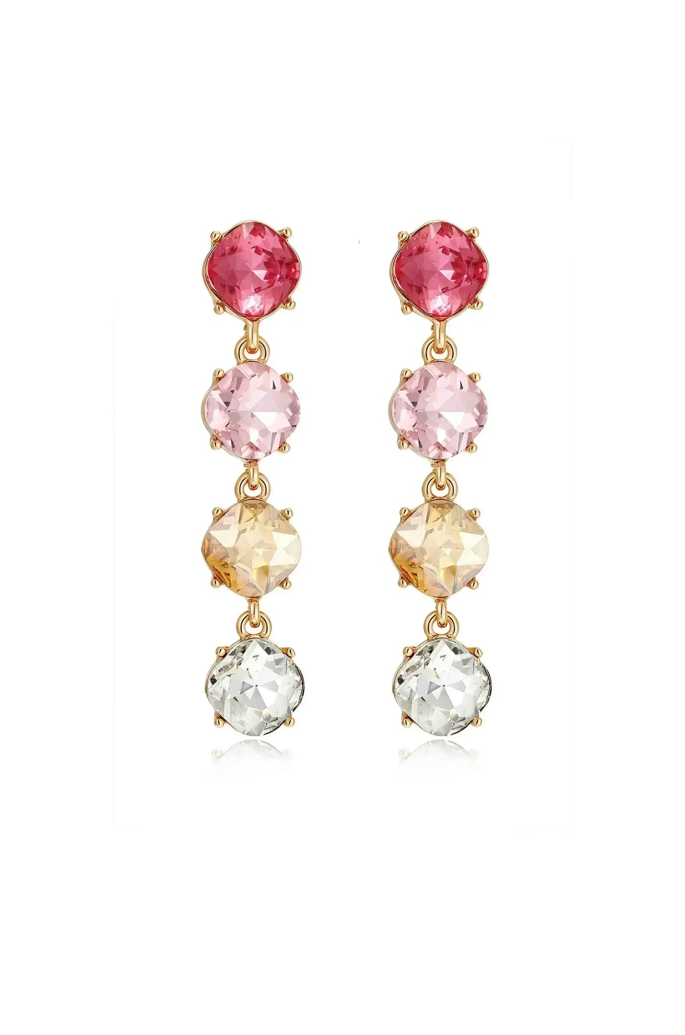 Two elegant drop earrings are displayed. Each features a series of colorful gemstones—pink, rose, yellow, and clear—set in gold-toned metal, showcasing a refined jewelry design.