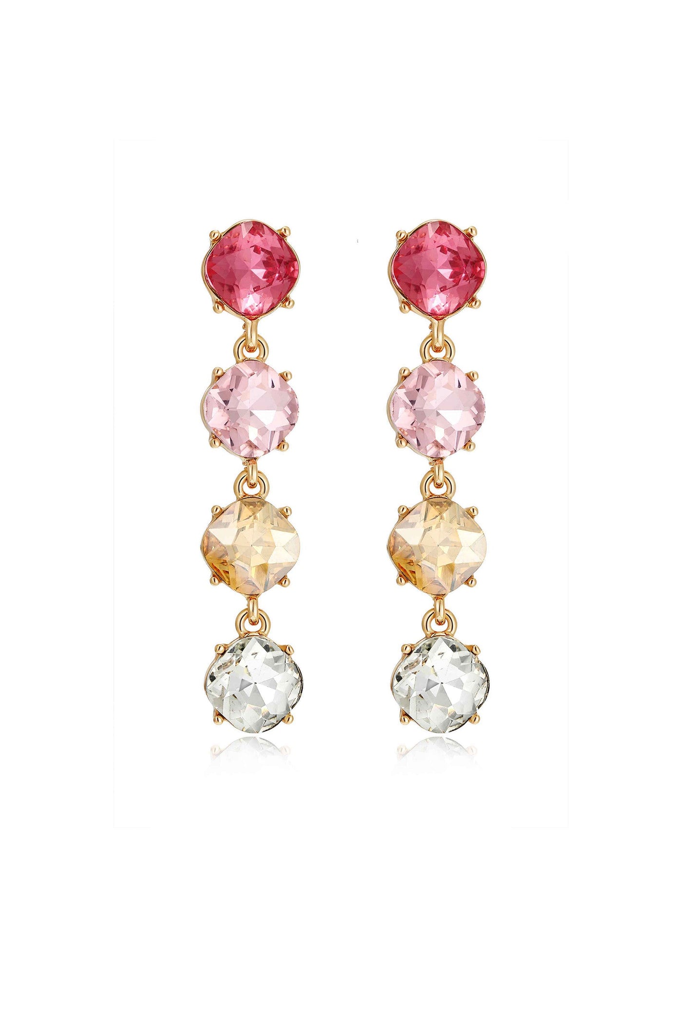Two elegant drop earrings are displayed. Each features a series of colorful gemstones—pink, rose, yellow, and clear—set in gold-toned metal, showcasing a refined jewelry design.
