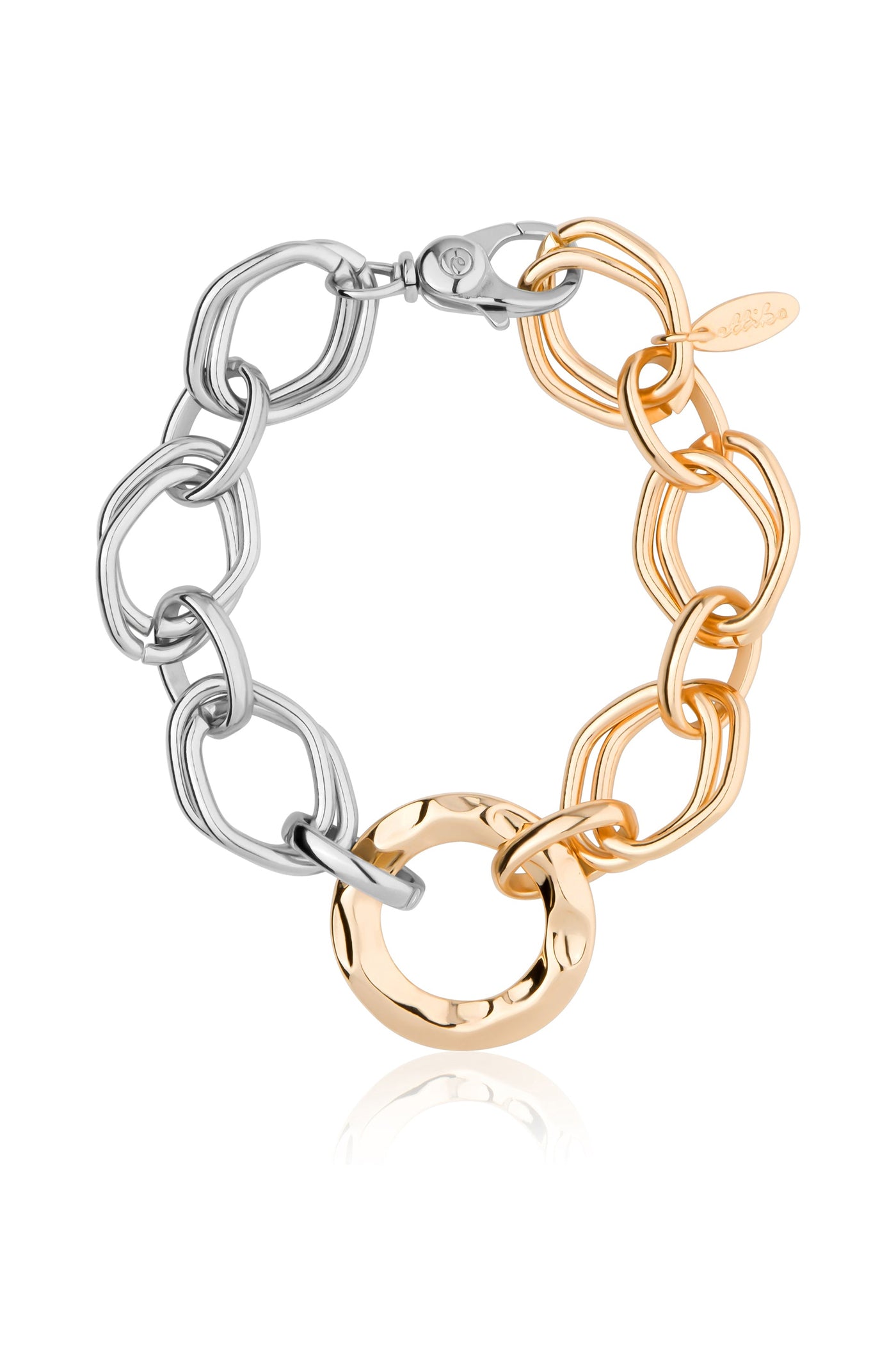 A metallic bracelet displays interlinked silver and gold chains. The gold sections feature smooth, rounded links, while the silver links are elongated and angular. The clasp is visible, showing functionality and style.