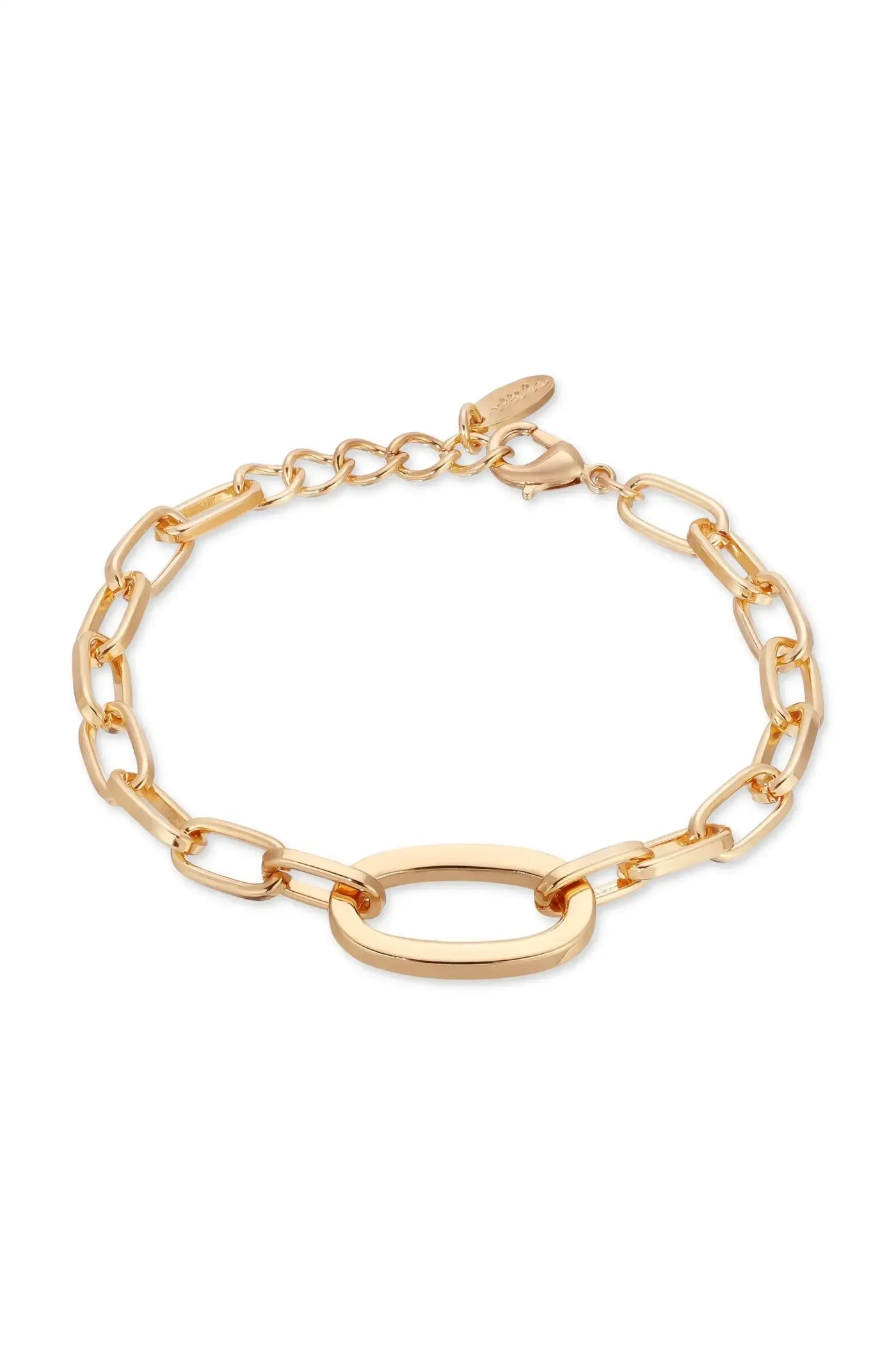 A gold bracelet features a combination of elongated links and a central oval link. It rests against a plain white background, showcasing its shiny metal finish and clasp.