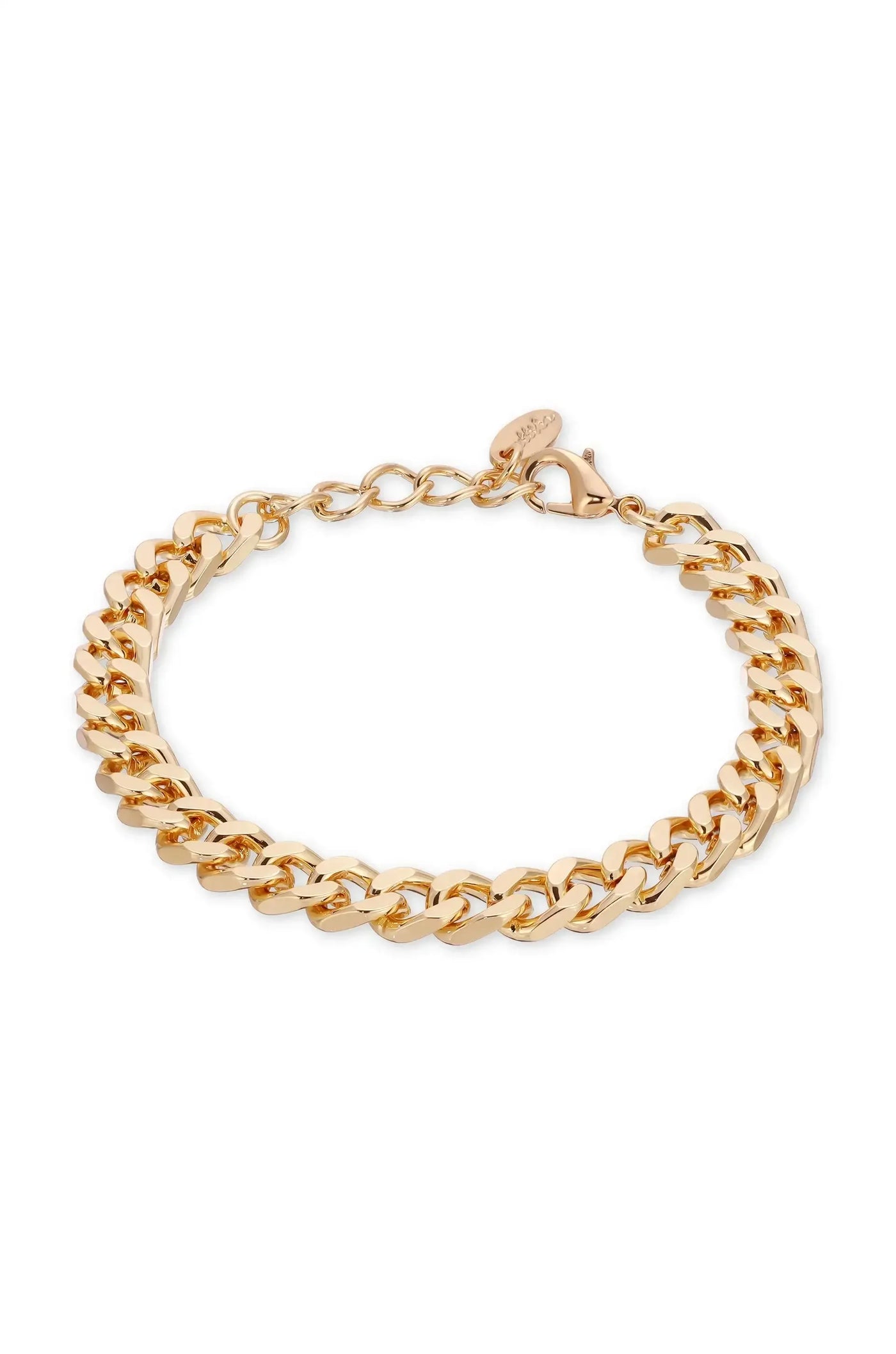 A gold chain bracelet features interlocking links with a shiny finish. It's displayed loosely against a plain white background, showcasing its elegant design and clasp detail.