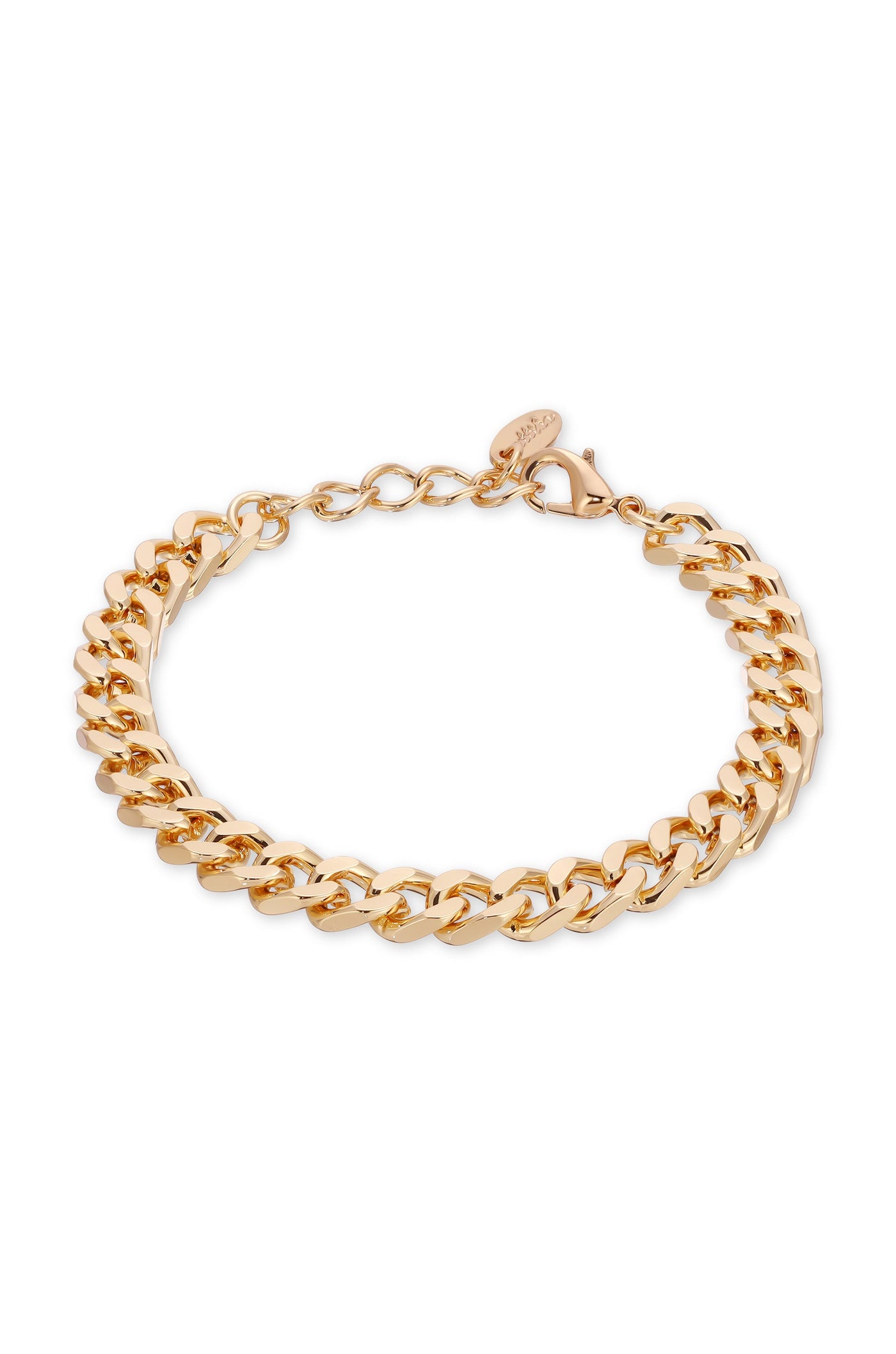 A gold chain bracelet features interlocking links with a shiny finish. It's displayed loosely against a plain white background, showcasing its elegant design and clasp detail.