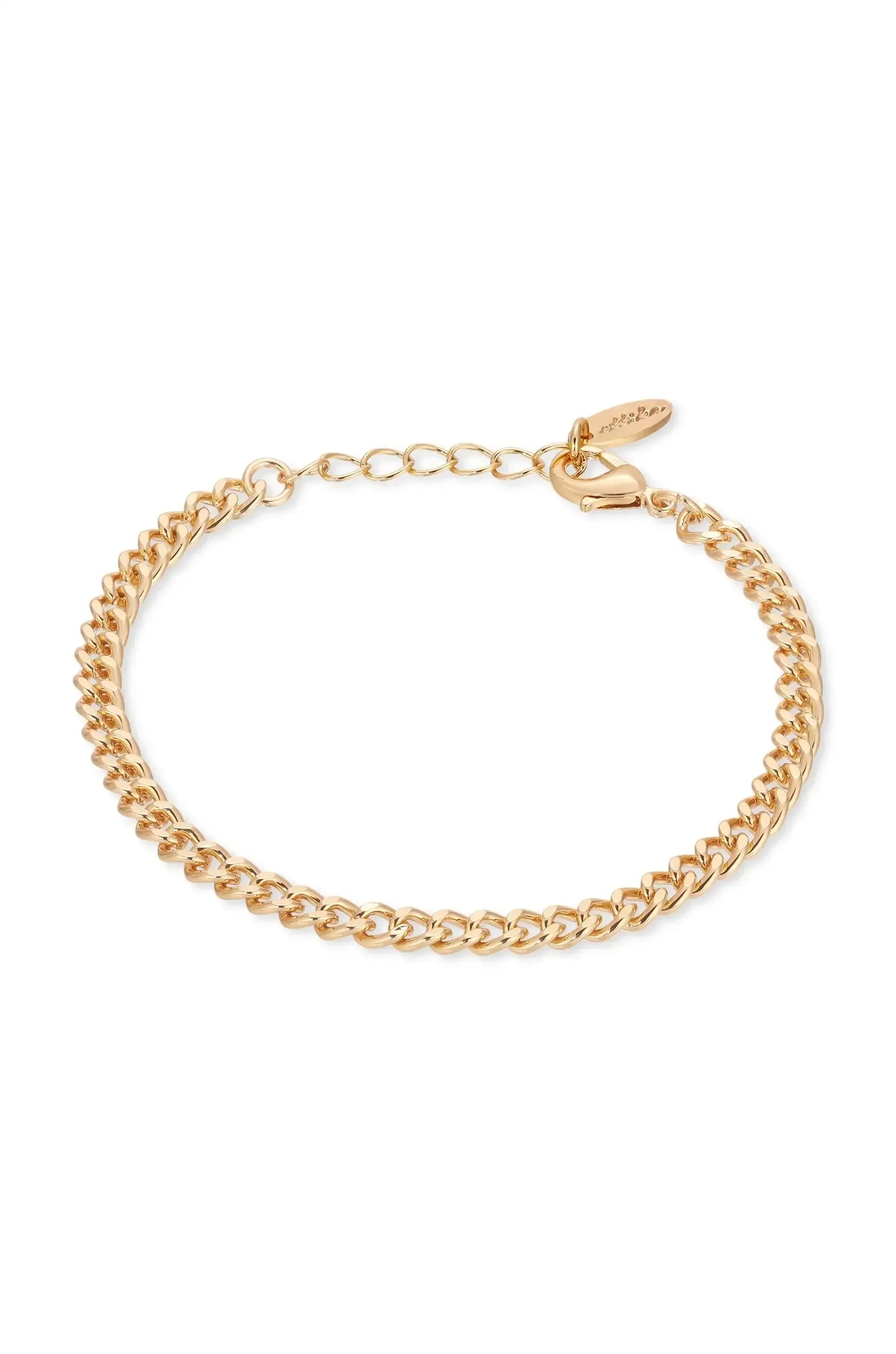 A gold chain bracelet lies flat, displaying a clasp and extension chain. It features interconnected links, showcasing a shiny, polished finish against a plain white background.