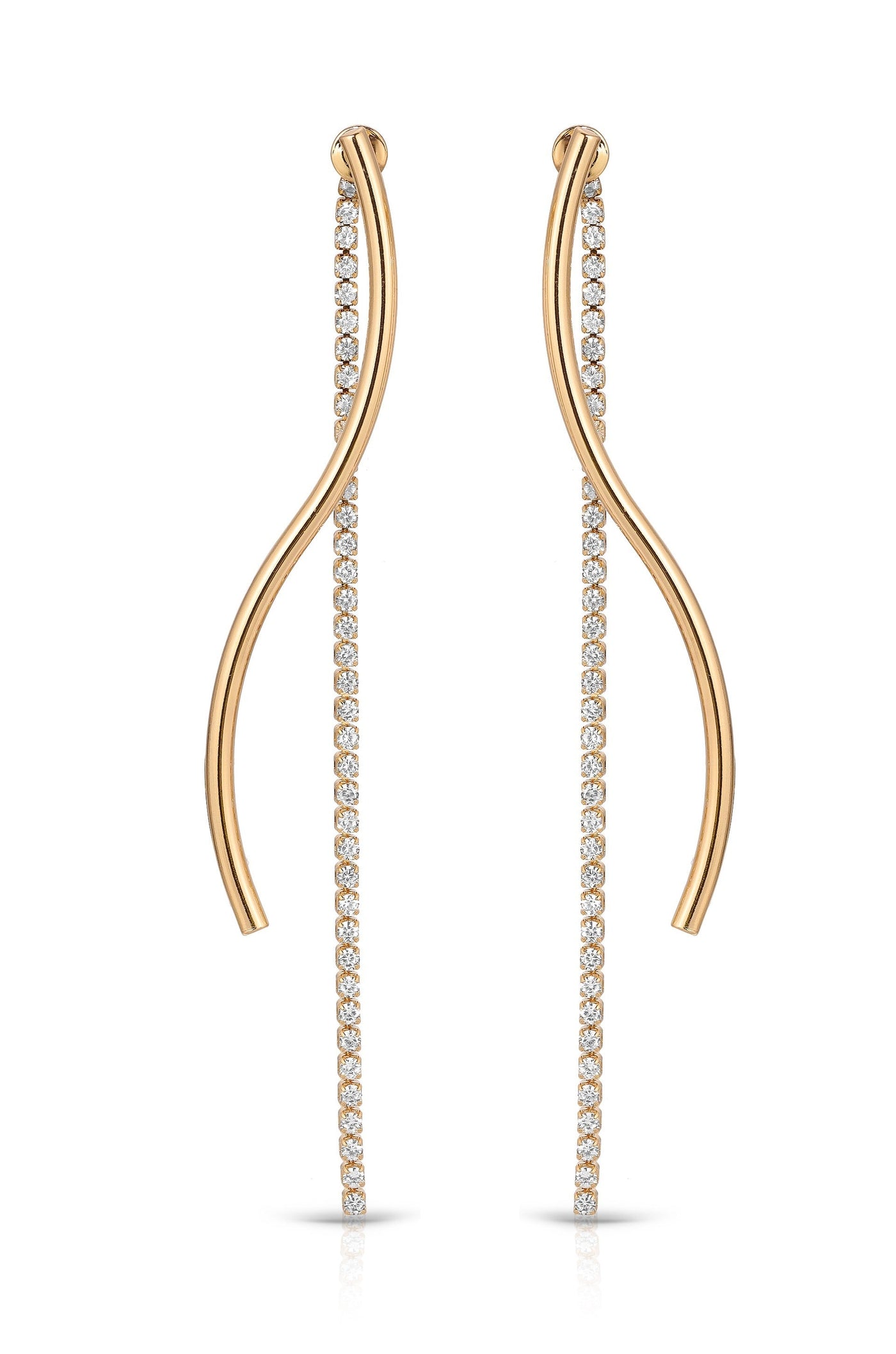 Gold earrings feature curved, elongated designs adorned with a line of sparkling diamonds, reflecting light, displayed against a clean, white background.