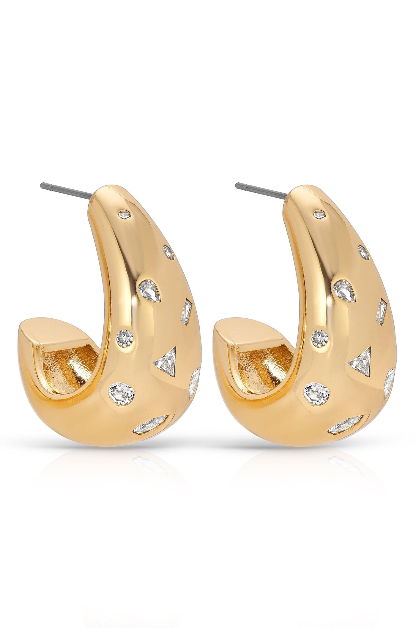 Gold hoop earrings feature various diamond-like embellishments. The earrings are displayed against a plain white background, emphasizing their shine and decorative elements.