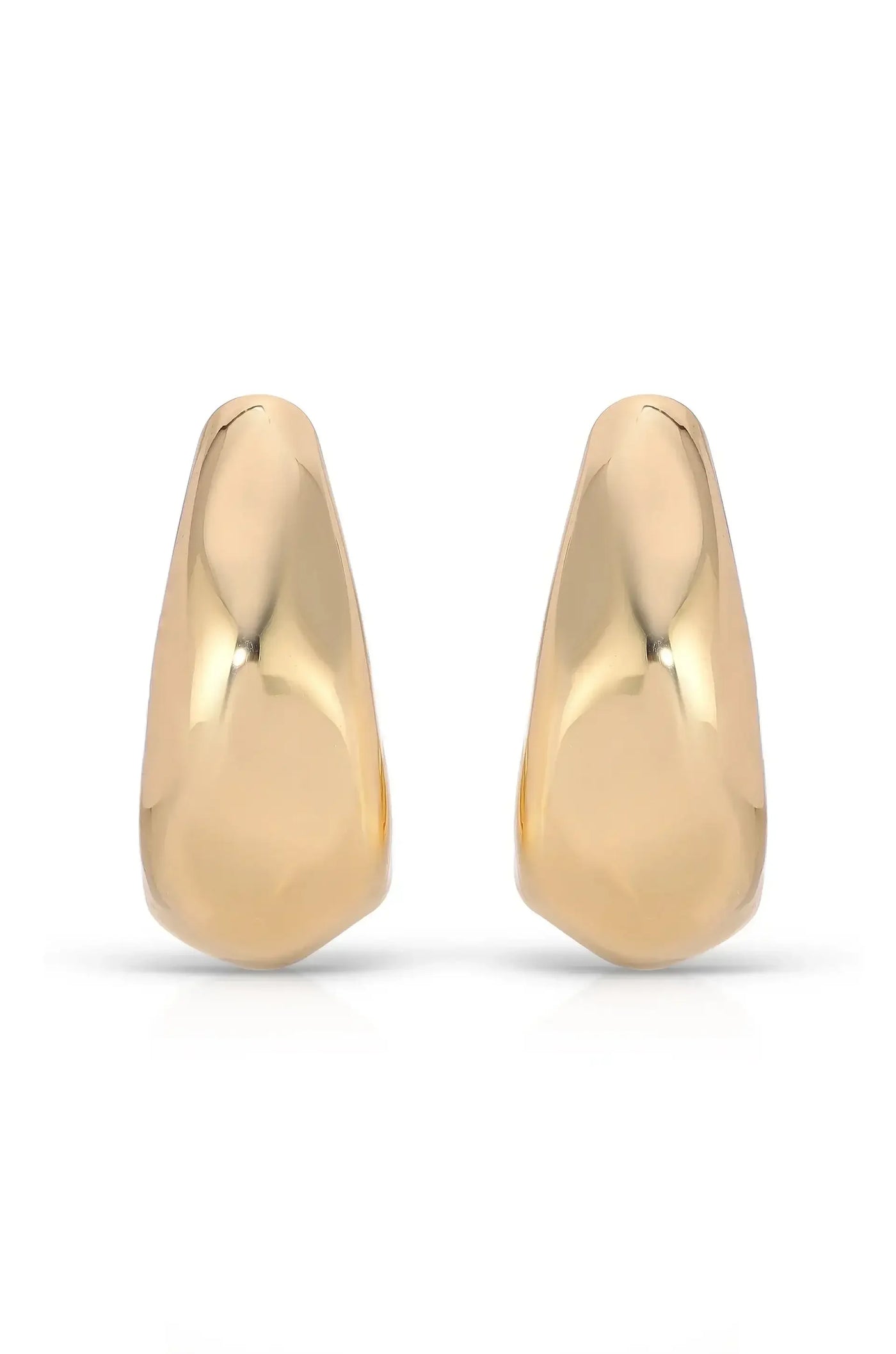 Two gold earrings are displayed, featuring a smooth, teardrop shape with a reflective surface. They rest on a white background, emphasizing their shiny texture and elegant design.