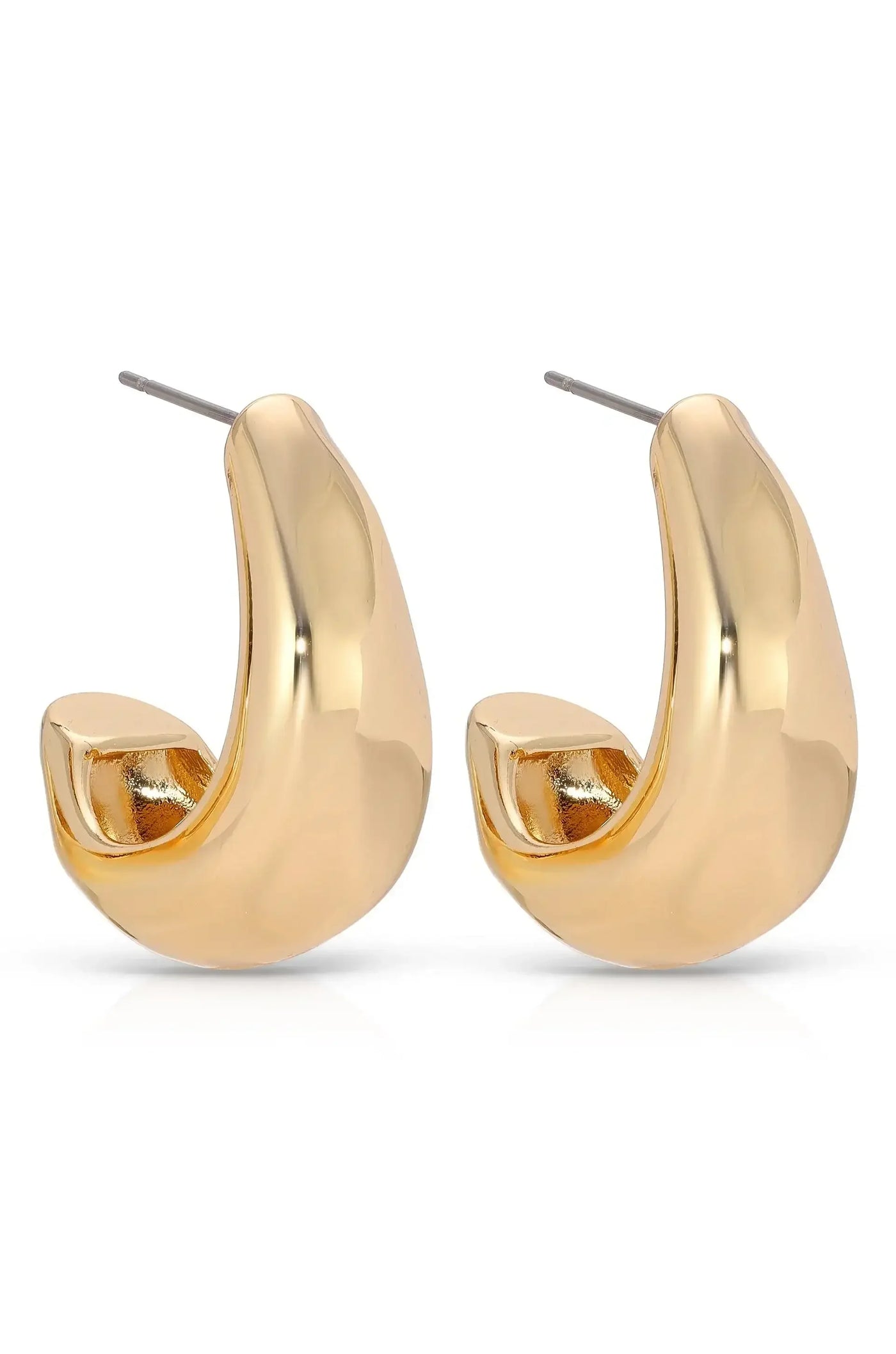 Sleek, shiny gold hoop earrings are displayed. Their smooth, curved shape emphasizes elegance. The background is white, highlighting the jewelry's reflective surface and modern design.