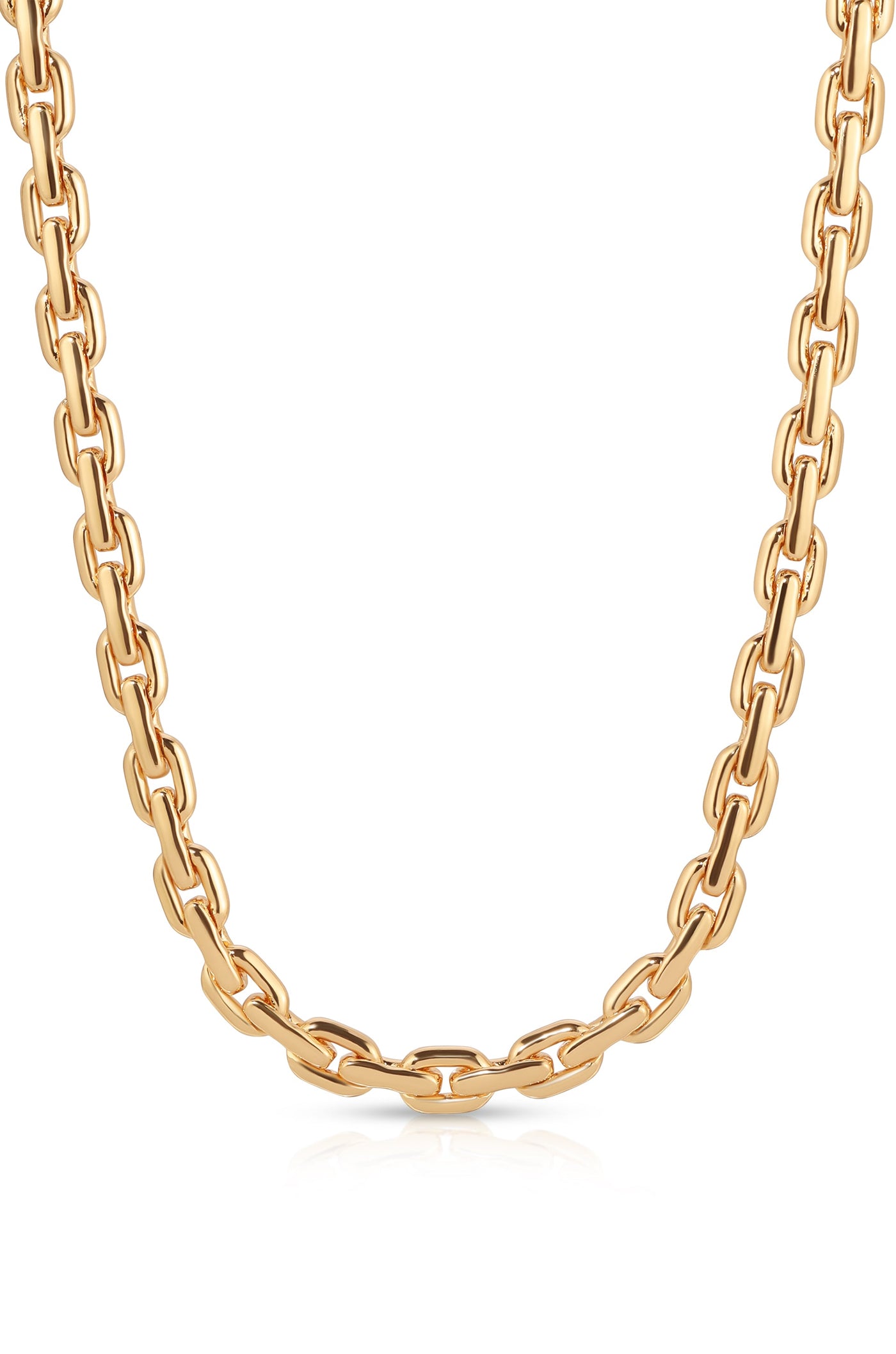 A gold chain necklace hangs vertically, composed of interlinked, rectangular links. It brightens against a simple white background, emphasizing its smooth, reflective surface.