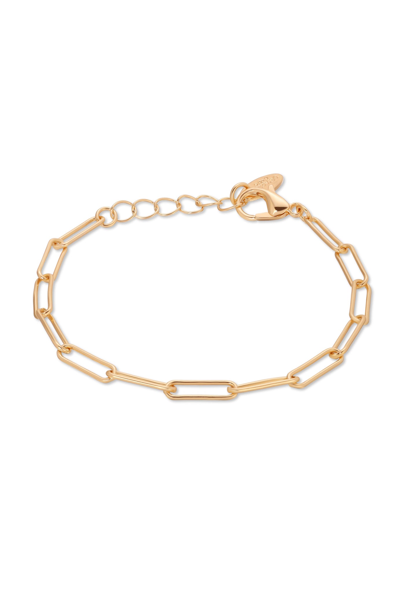 A delicate gold bracelet features interlocking oval links and a small clasp. It is displayed against a plain white background, emphasizing its sleek design and shiny finish.