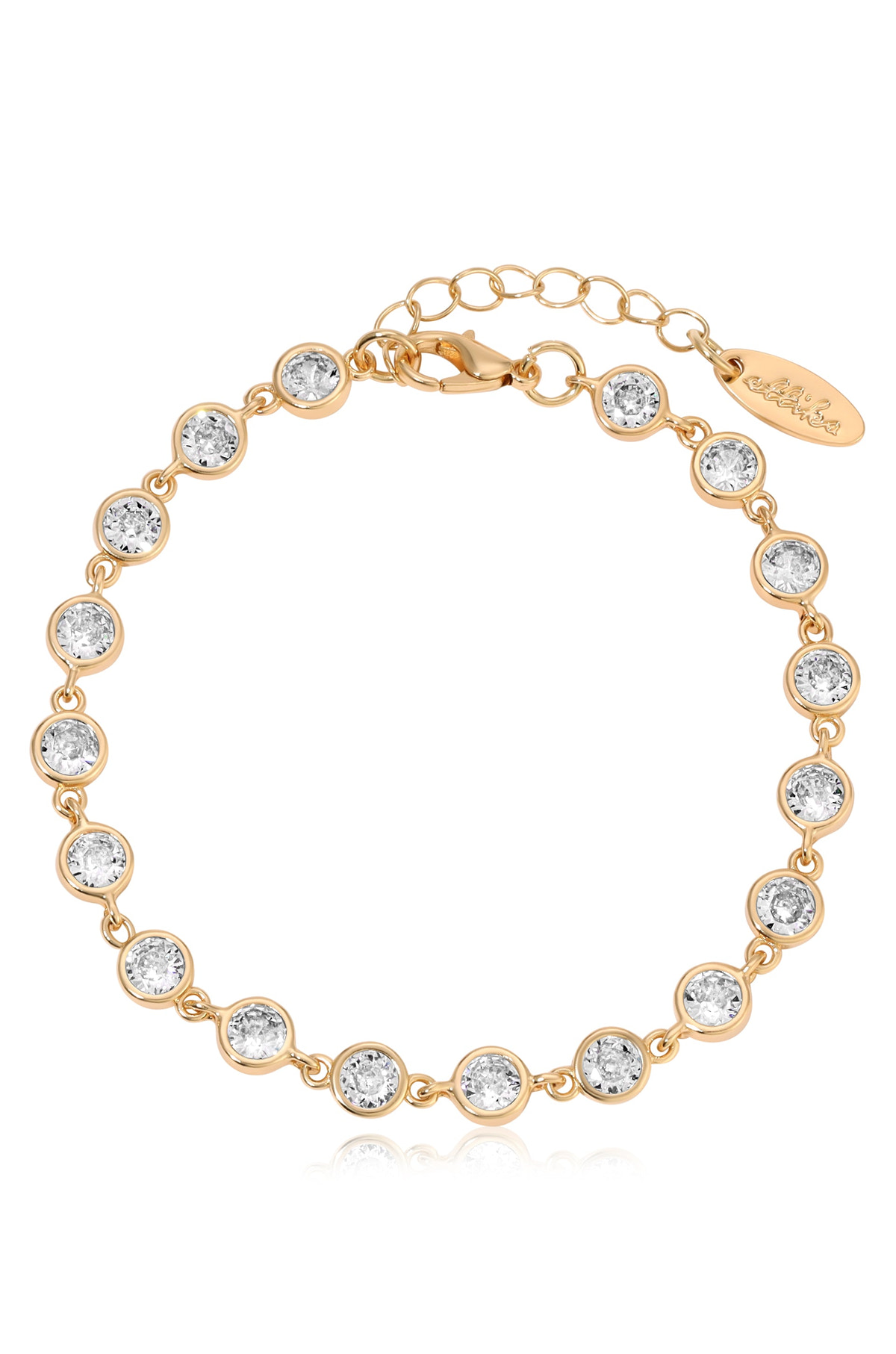 A gold bracelet features a series of circular settings, each housing a sparkling clear stone. The clasp includes an adjustable chain for securing it to the wrist.