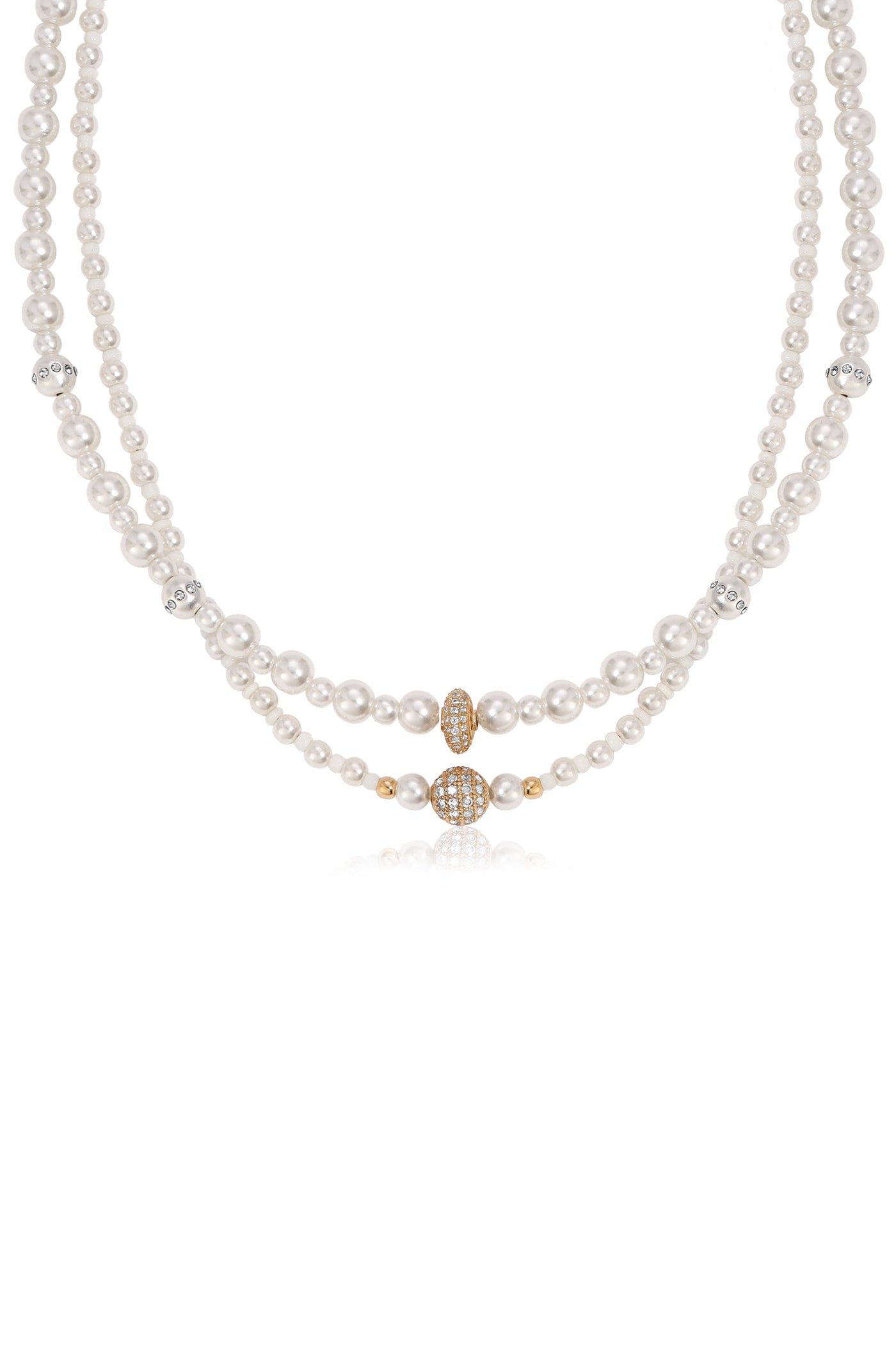 A pearl necklace features two strands of lustrous white pearls, interspersed with gold and diamond-encrusted accents, set against a clean, neutral background, highlighting its elegance and design.