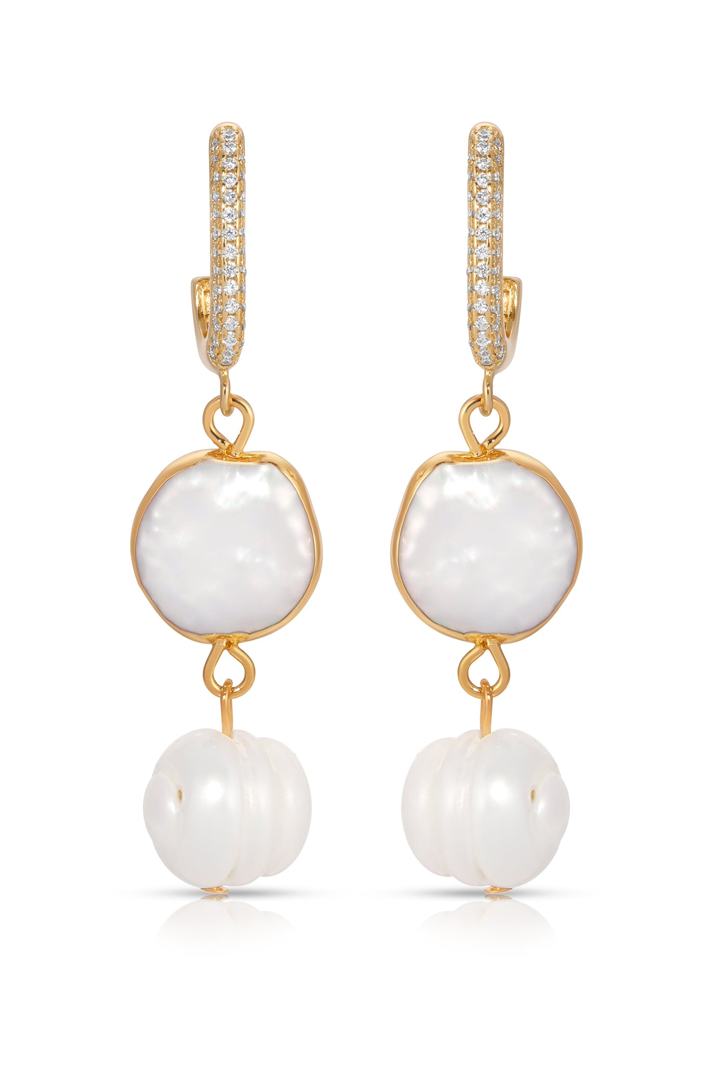 Two elegant earrings featuring a gold hoop adorned with small diamonds. Each earring has a large, luminous pearl followed by a smaller, round white pearl, creating a sophisticated, layered design.