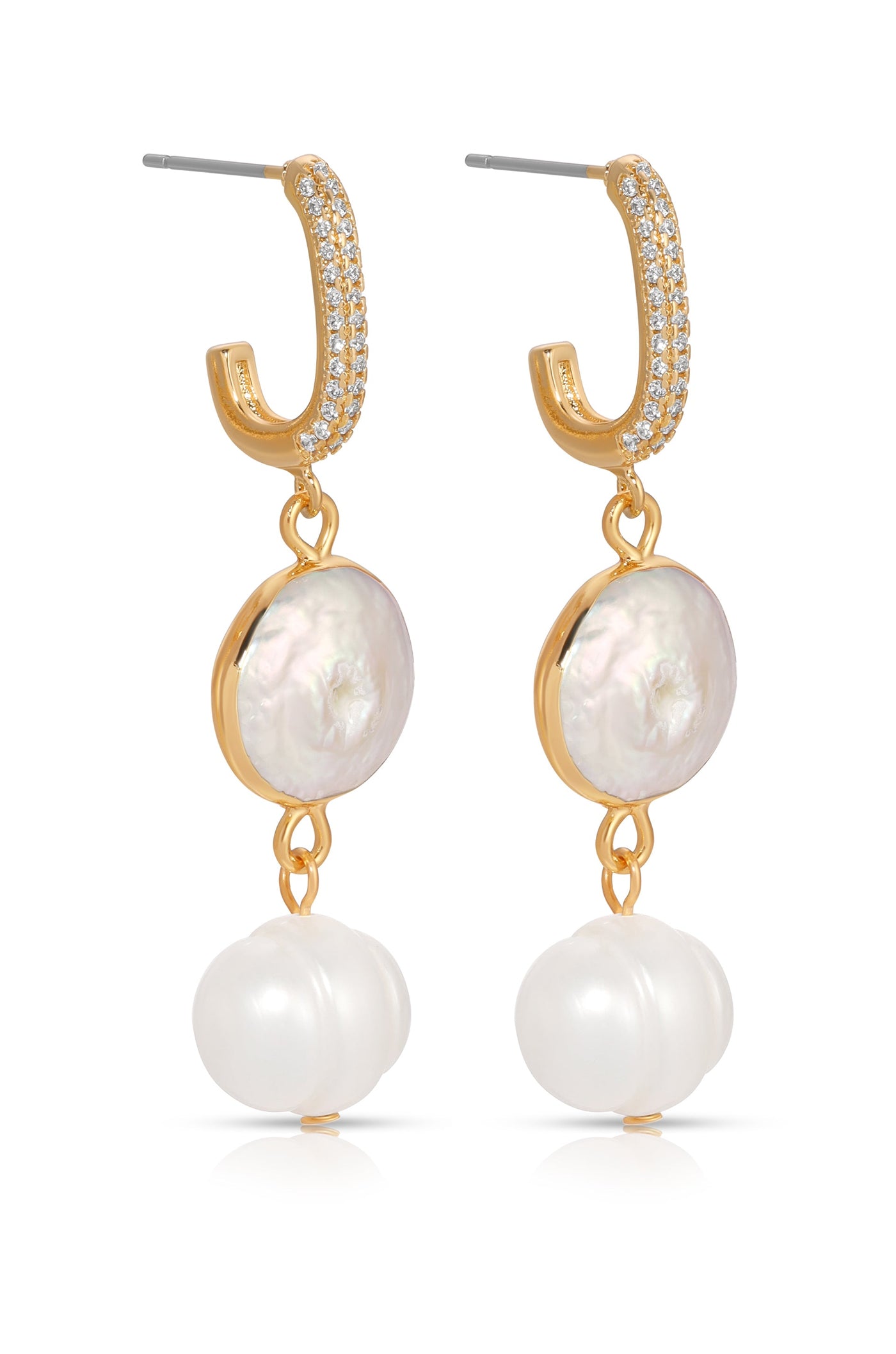 Gold hoop earrings with sparkling accents feature a large, round, iridescent pearl and a smaller, white, scalloped pearl underneath. They are displayed against a neutral background, emphasizing their elegance.
