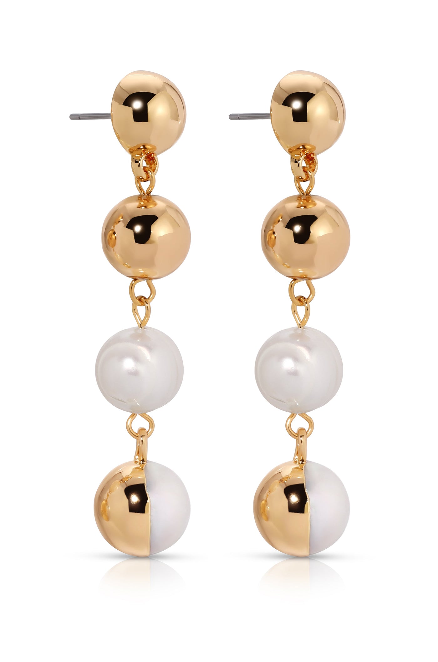 Two dangling earrings feature alternating gold and white spherical elements. The gold sections are shiny, while the white ones have a pearlescent finish, set against a neutral background.