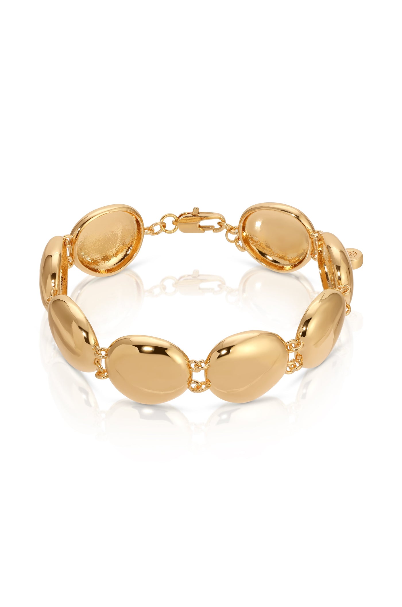 A gold bracelet composed of oval links is displayed, showcasing its polished surface and clasp while reflecting light against a neutral white background, emphasizing its elegant design.