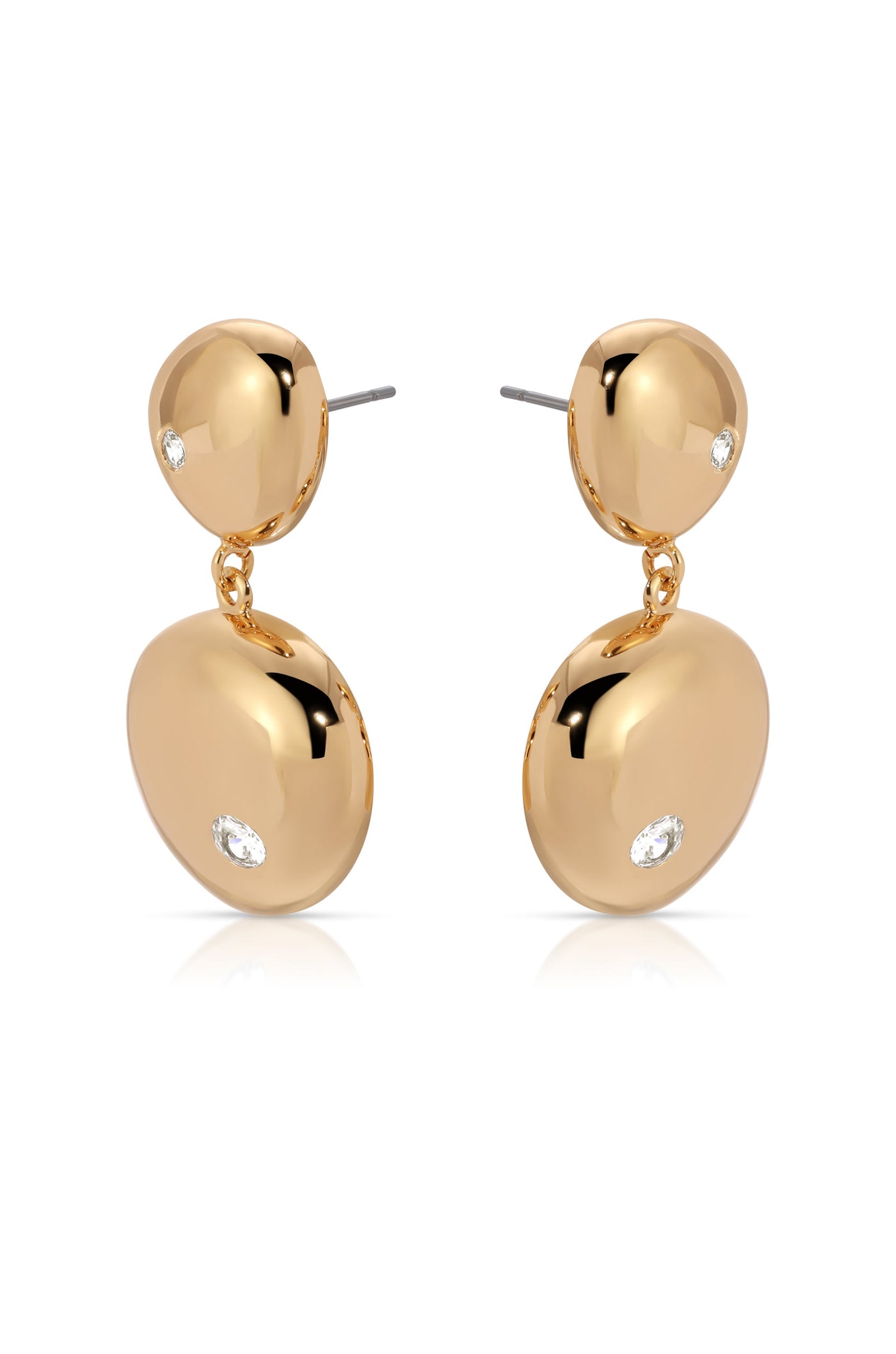 Gold earrings feature two polished, dome-shaped pieces connected by a small chain, with a sparkling gemstone on each. The earrings are displayed against a plain white background.