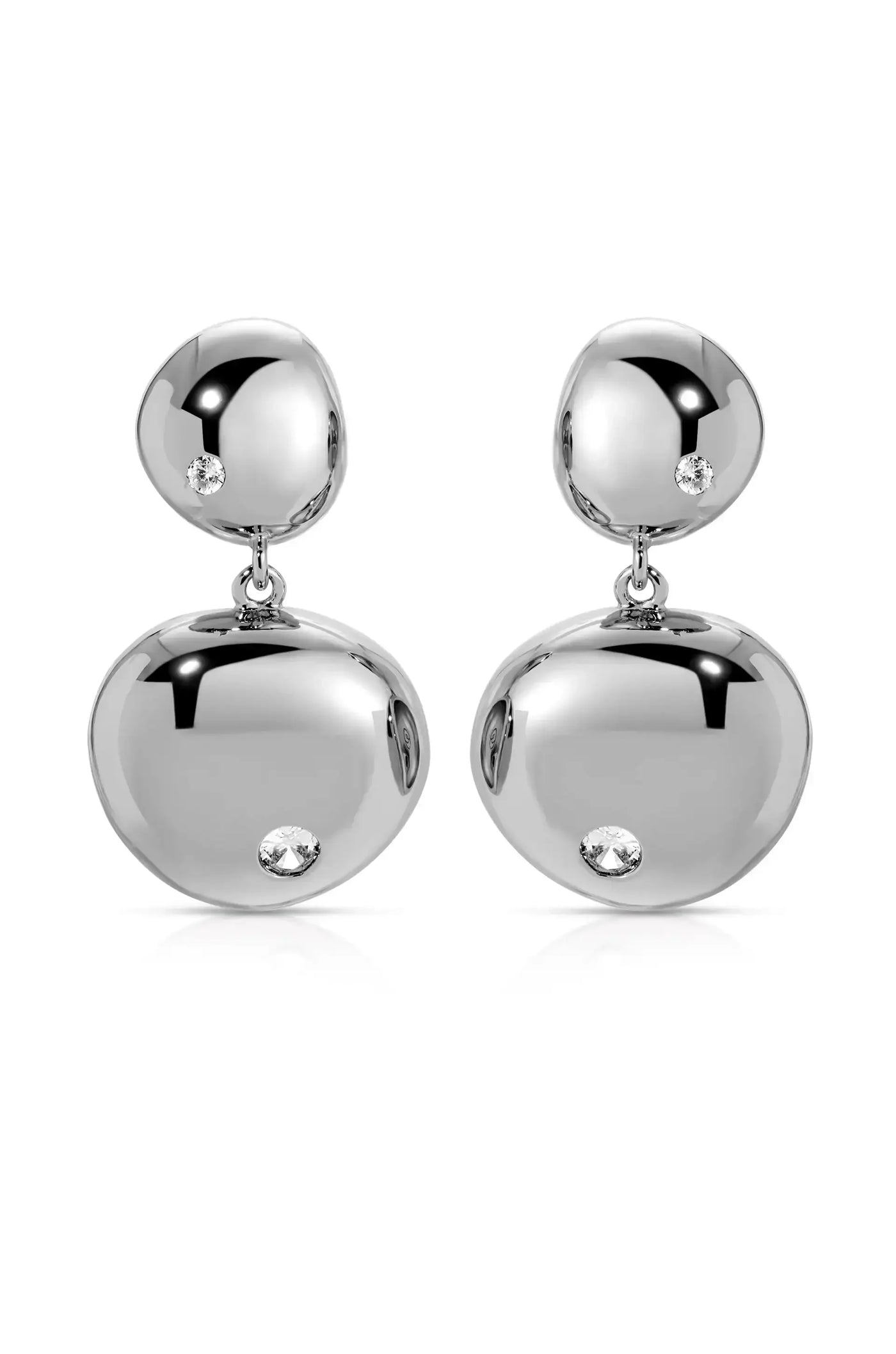 Silver earrings with a polished, reflective surface featuring two rounded sections—one larger than the other—each adorned with a small gem near the base, displayed against a plain background.