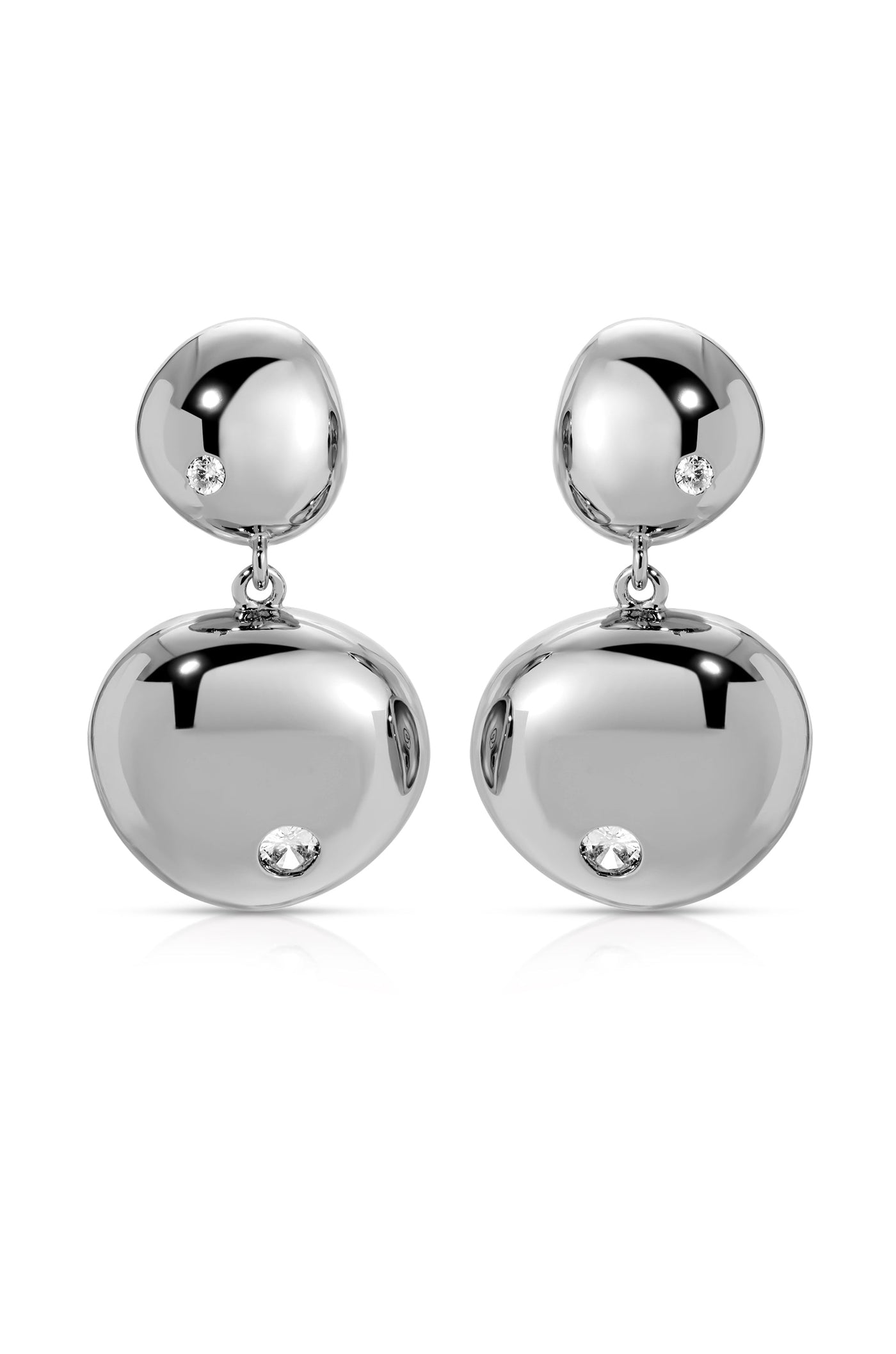 Silver earrings with a polished, reflective surface featuring two rounded sections—one larger than the other—each adorned with a small gem near the base, displayed against a plain background.