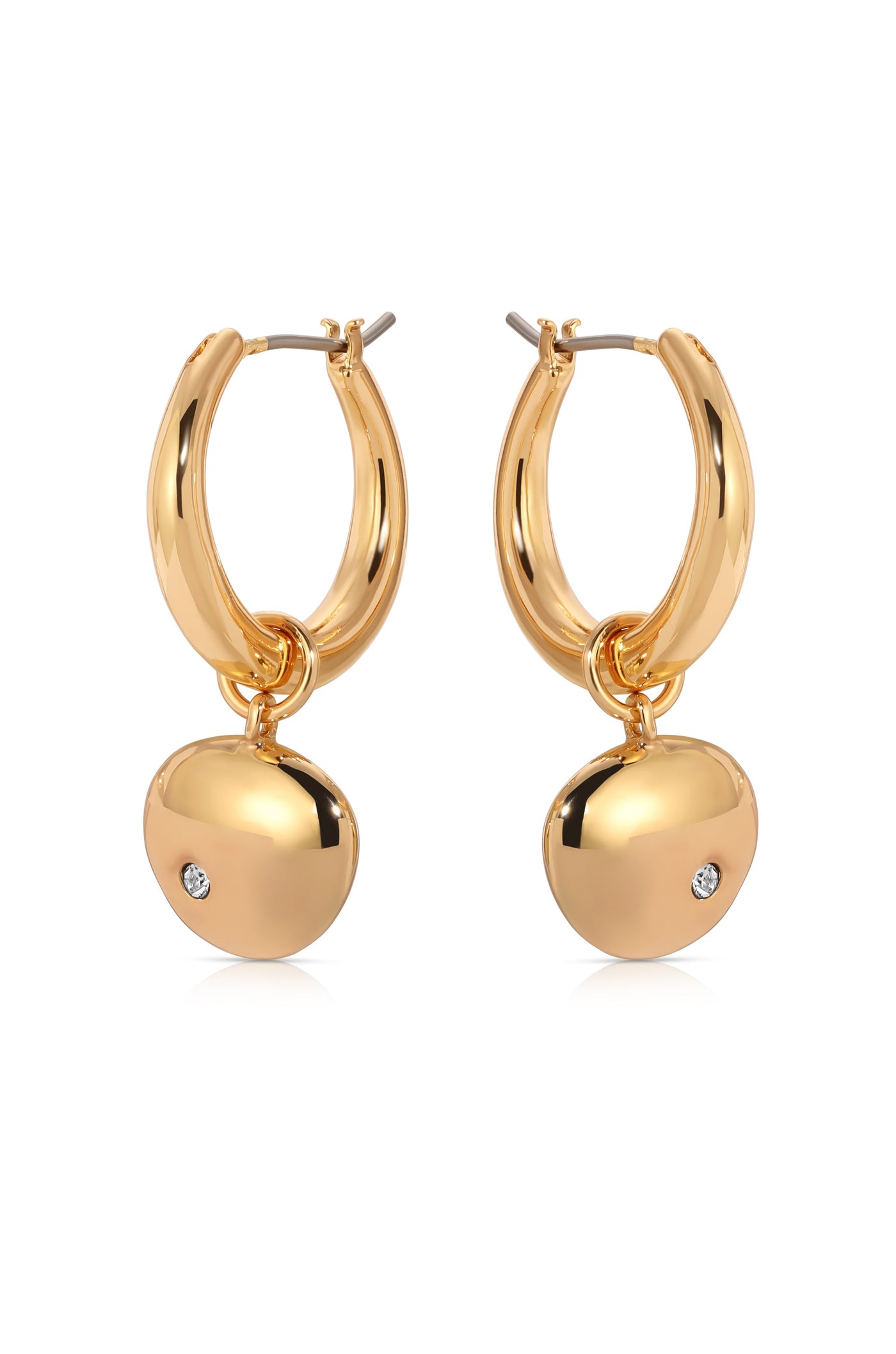 Gold hoop earrings with a shiny, rounded charm dangling from each. The charms feature a small diamond accent, reflecting light against a simple white backdrop, highlighting their elegant design.