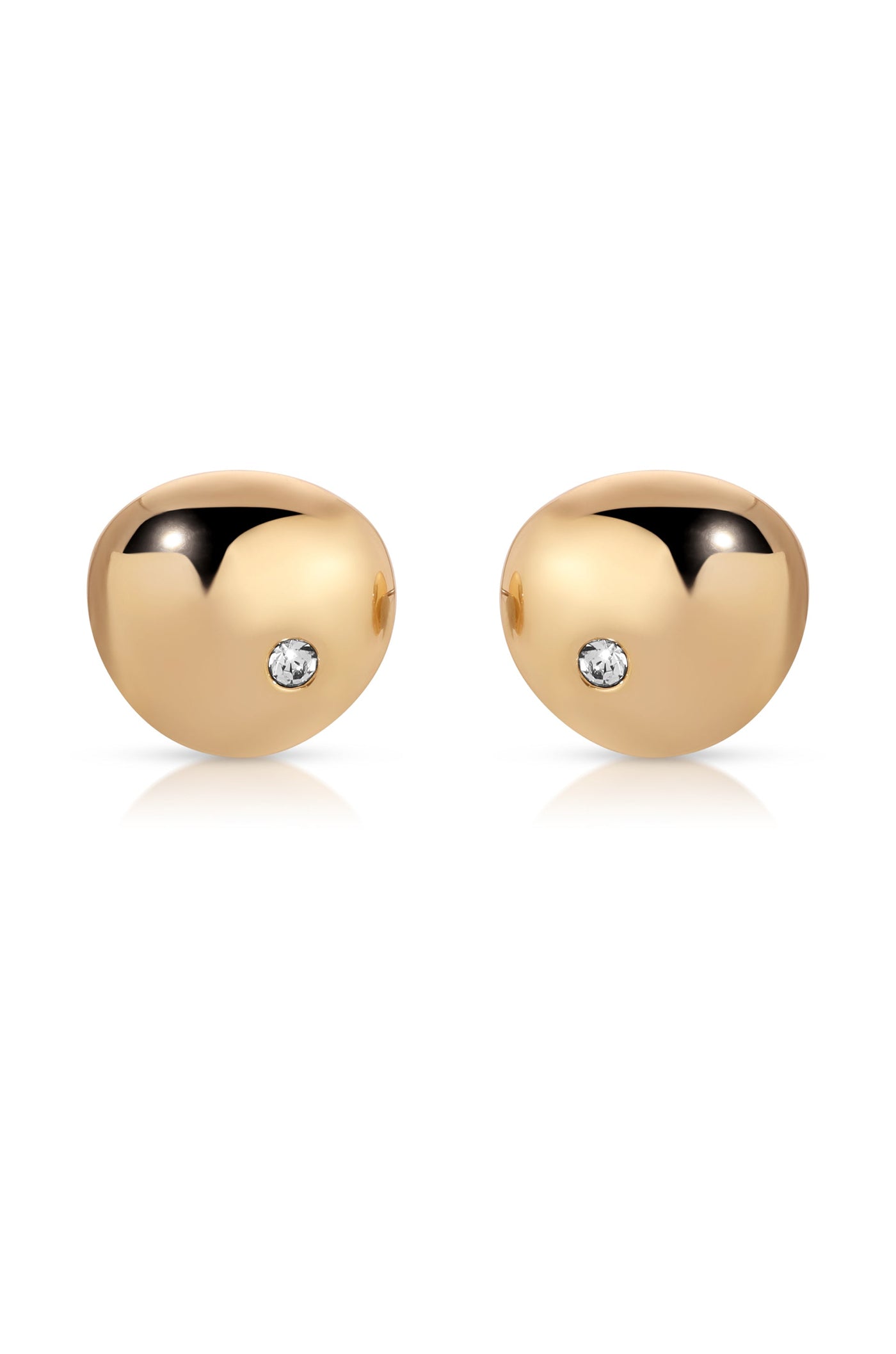 Two gold-colored spherical earrings are displayed side by side. Each earring features a small, sparkling diamond embedded on one side, reflecting light against a white background.
