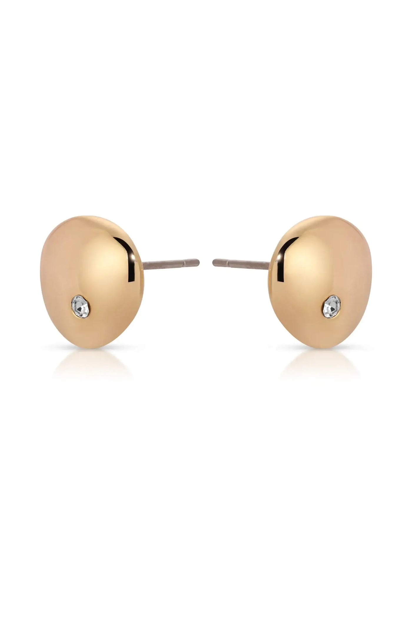 Shiny gold stud earrings with a smooth, rounded design and a small gemstone embellishment are displayed side by side against a clean, white background, emphasizing their elegance and simplicity.