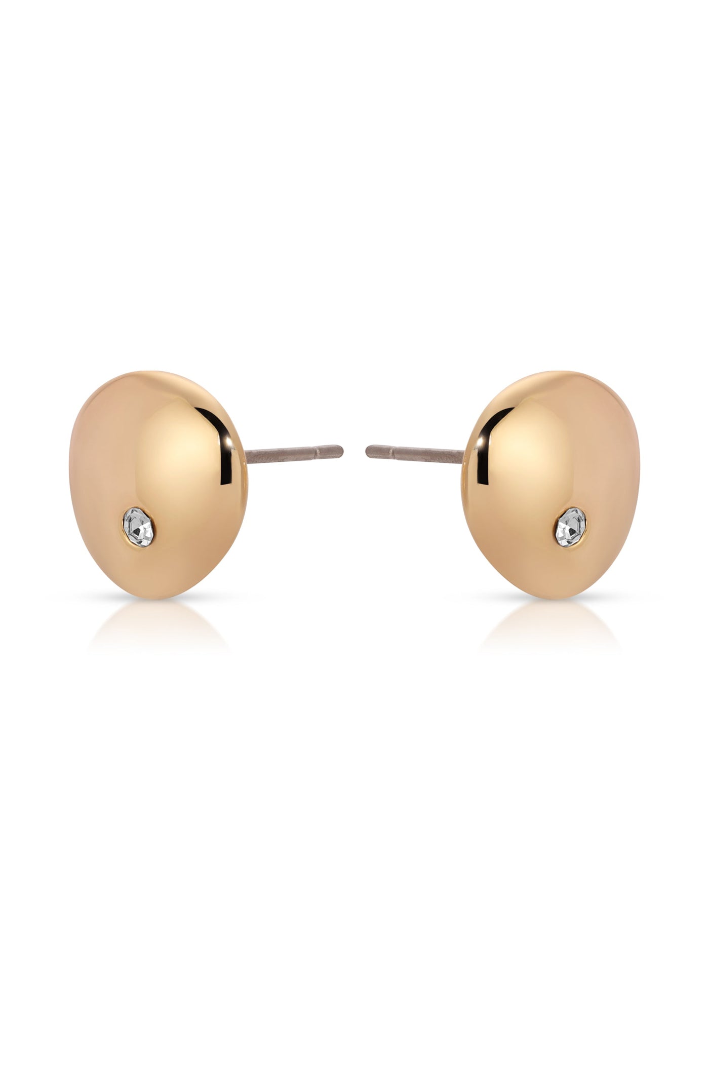 Shiny gold stud earrings with a smooth, rounded design and a small gemstone embellishment are displayed side by side against a clean, white background, emphasizing their elegance and simplicity.