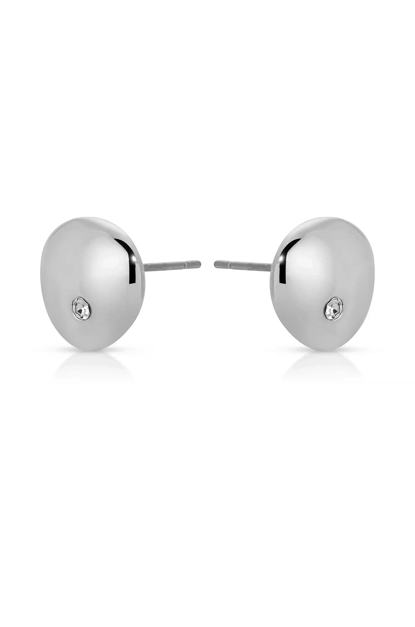Sleek silver stud earrings are prominently displayed, showcasing their shiny, rounded design adorned with a small stone. The background is plain white, emphasizing the jewelry's elegance.