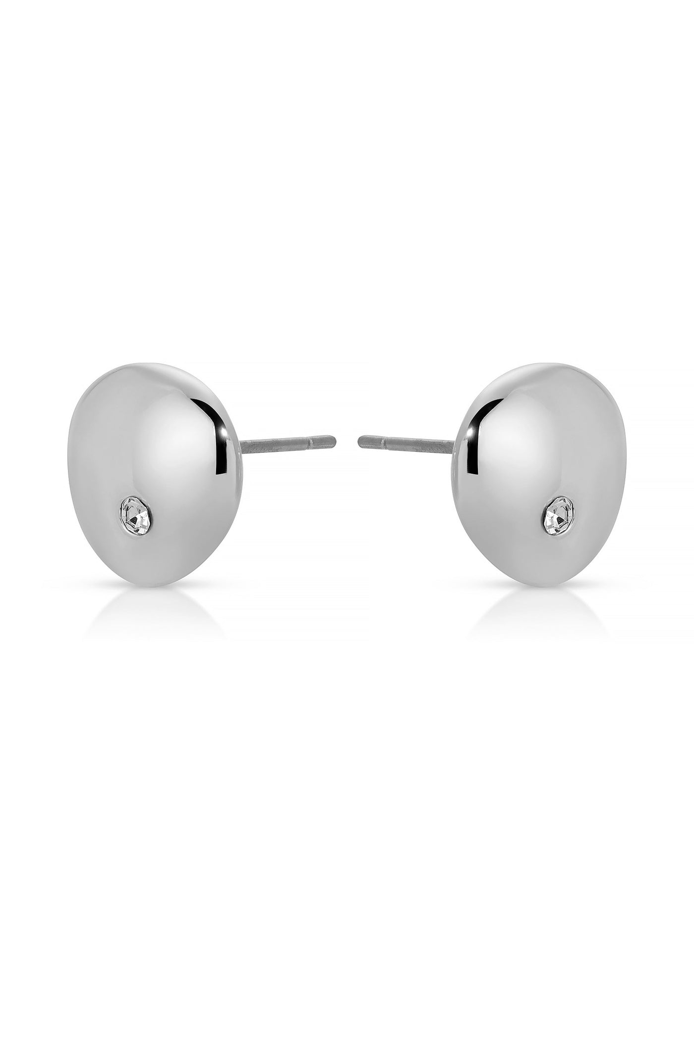 Sleek silver stud earrings are prominently displayed, showcasing their shiny, rounded design adorned with a small stone. The background is plain white, emphasizing the jewelry's elegance.