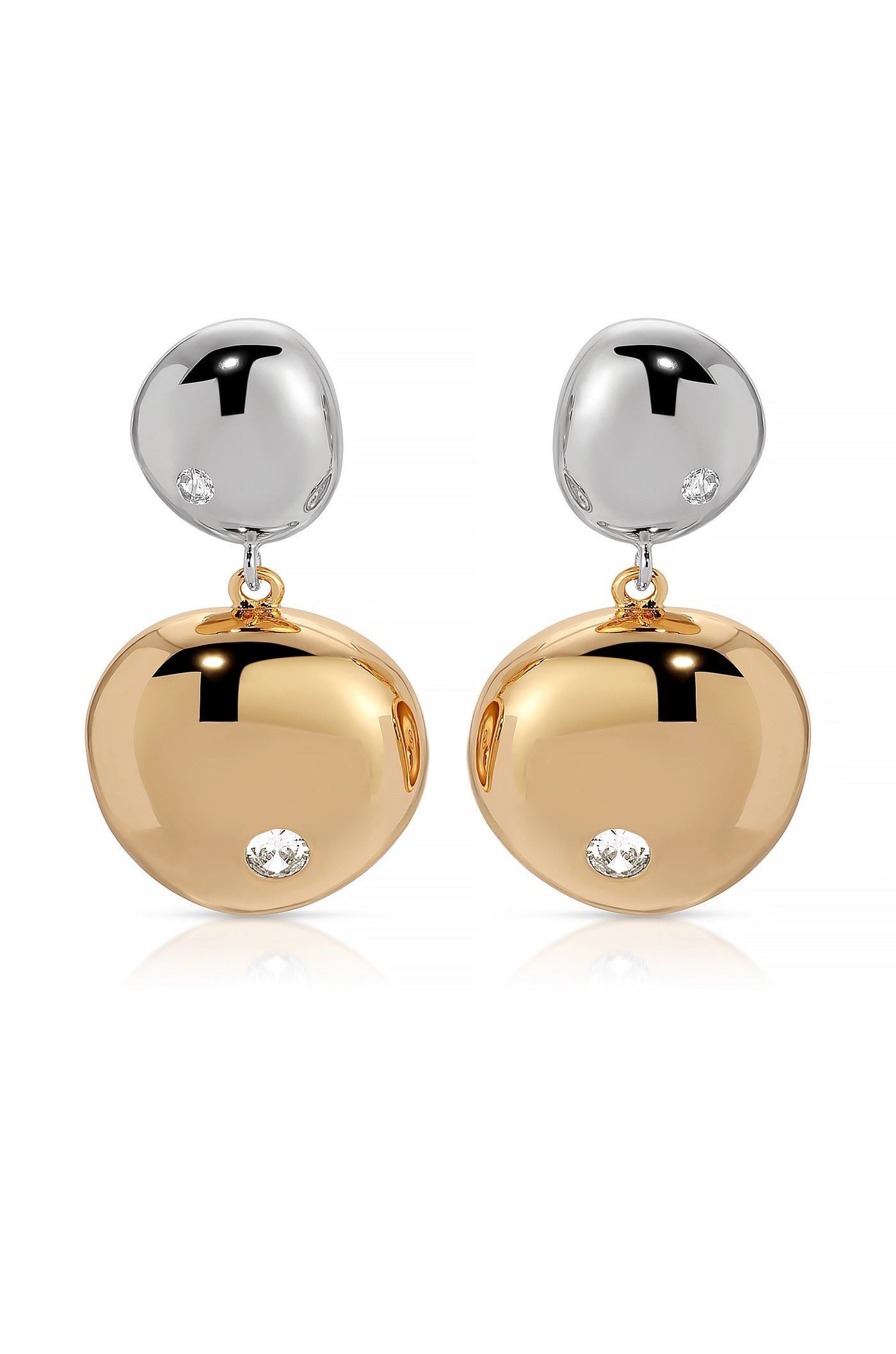 Earrings hang elegantly, featuring a shiny silver top and a larger, polished golden drop below, each adorned with a small diamond. They are displayed against a white background.