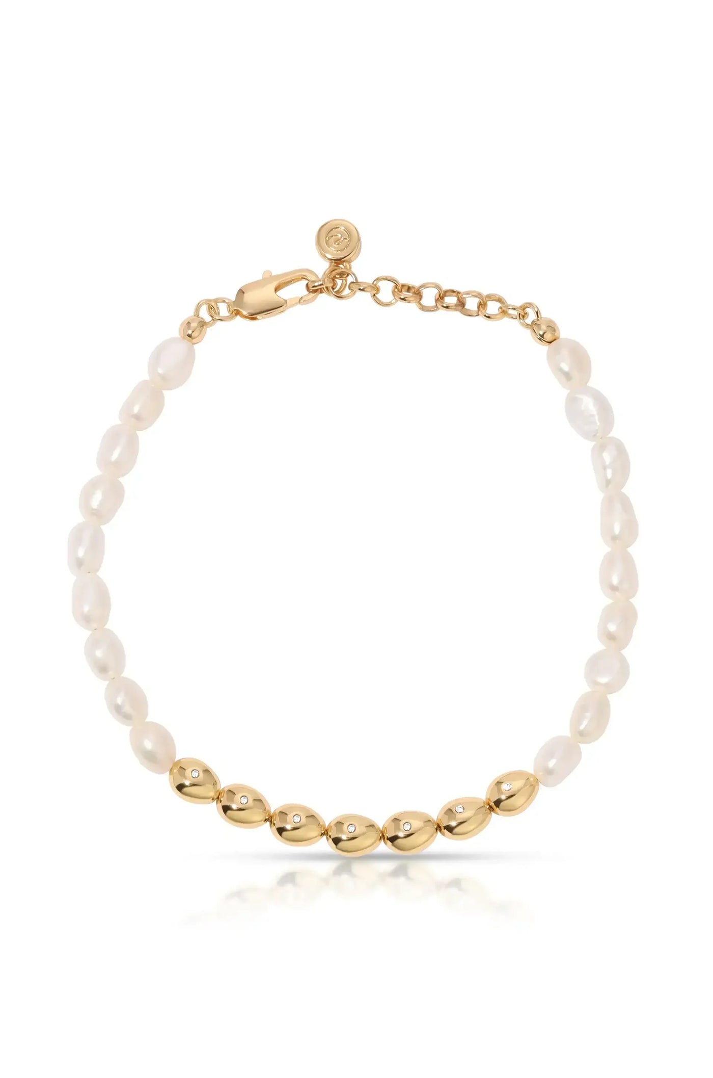 A pearl bracelet with gold accents and a lobster clasp is displayed against a white background, showcasing a series of oval pearls interspersed with shiny gold beads. The clasp is visible at one end.
