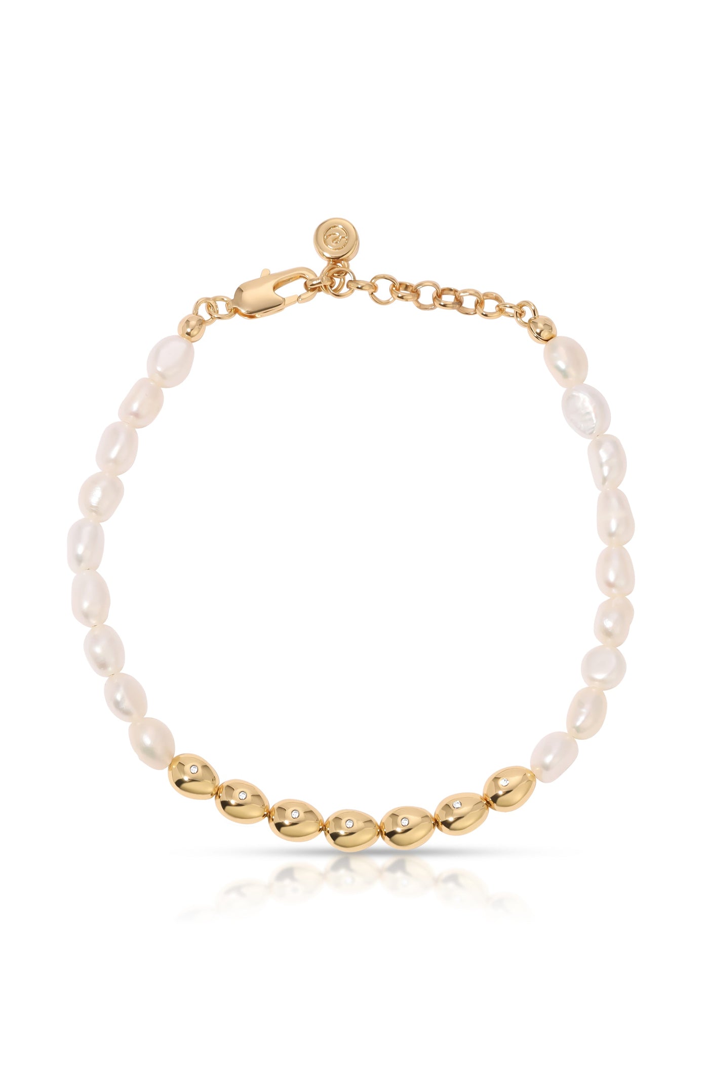 A pearl bracelet with gold accents and a lobster clasp is displayed against a white background, showcasing a series of oval pearls interspersed with shiny gold beads. The clasp is visible at one end.