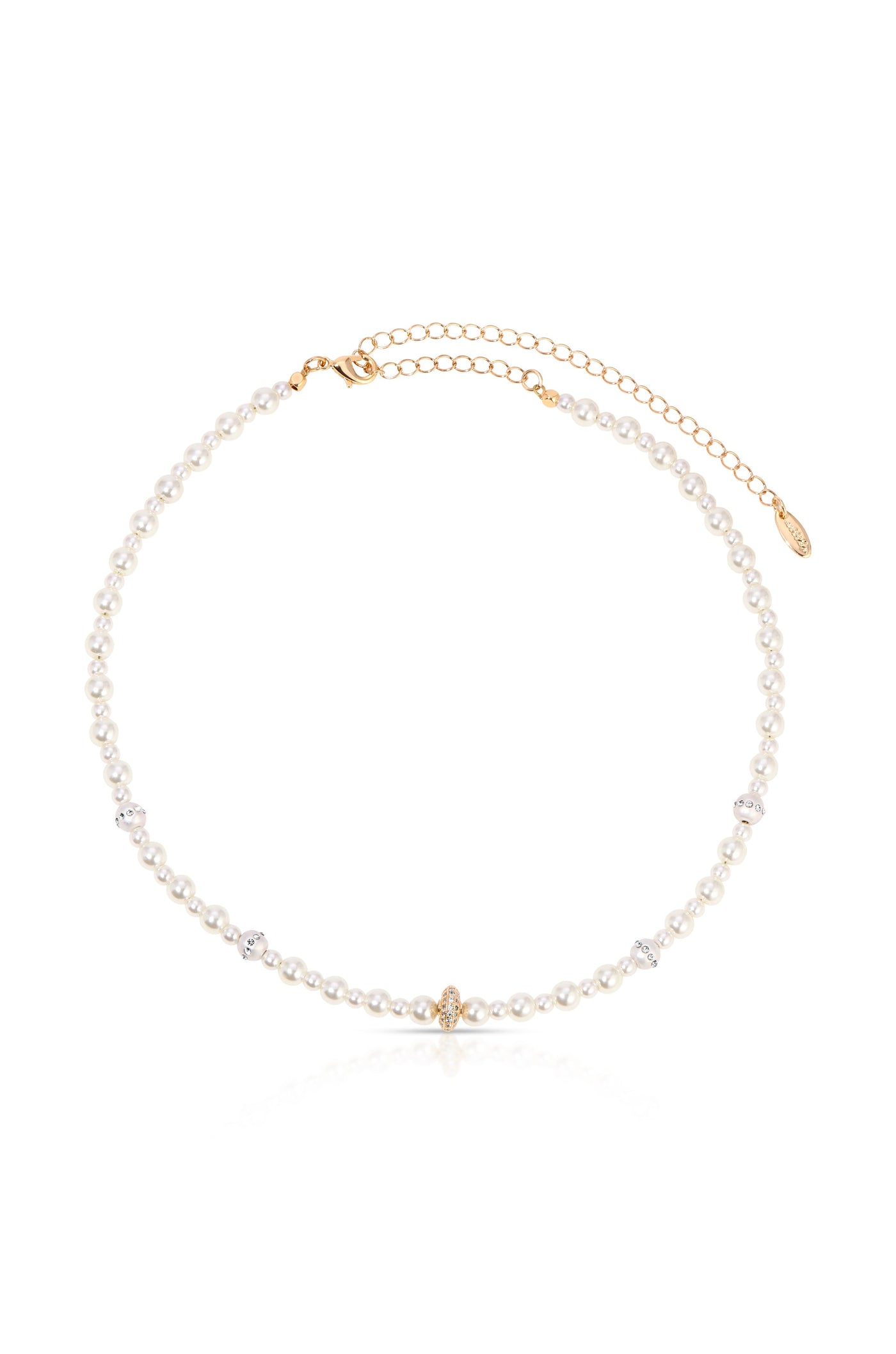 A delicate pearl necklace features alternating pearls and metallic beads, showcasing a central golden accent. It is displayed against a white background, enhancing its elegant appearance.
