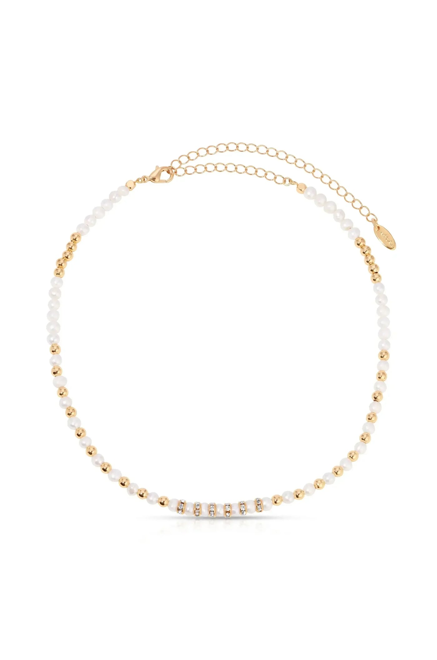A delicate necklace features alternating white pearls and gold beads, showcasing a shiny glimmer. It is designed to be worn around the neck, highlighted against a plain background.